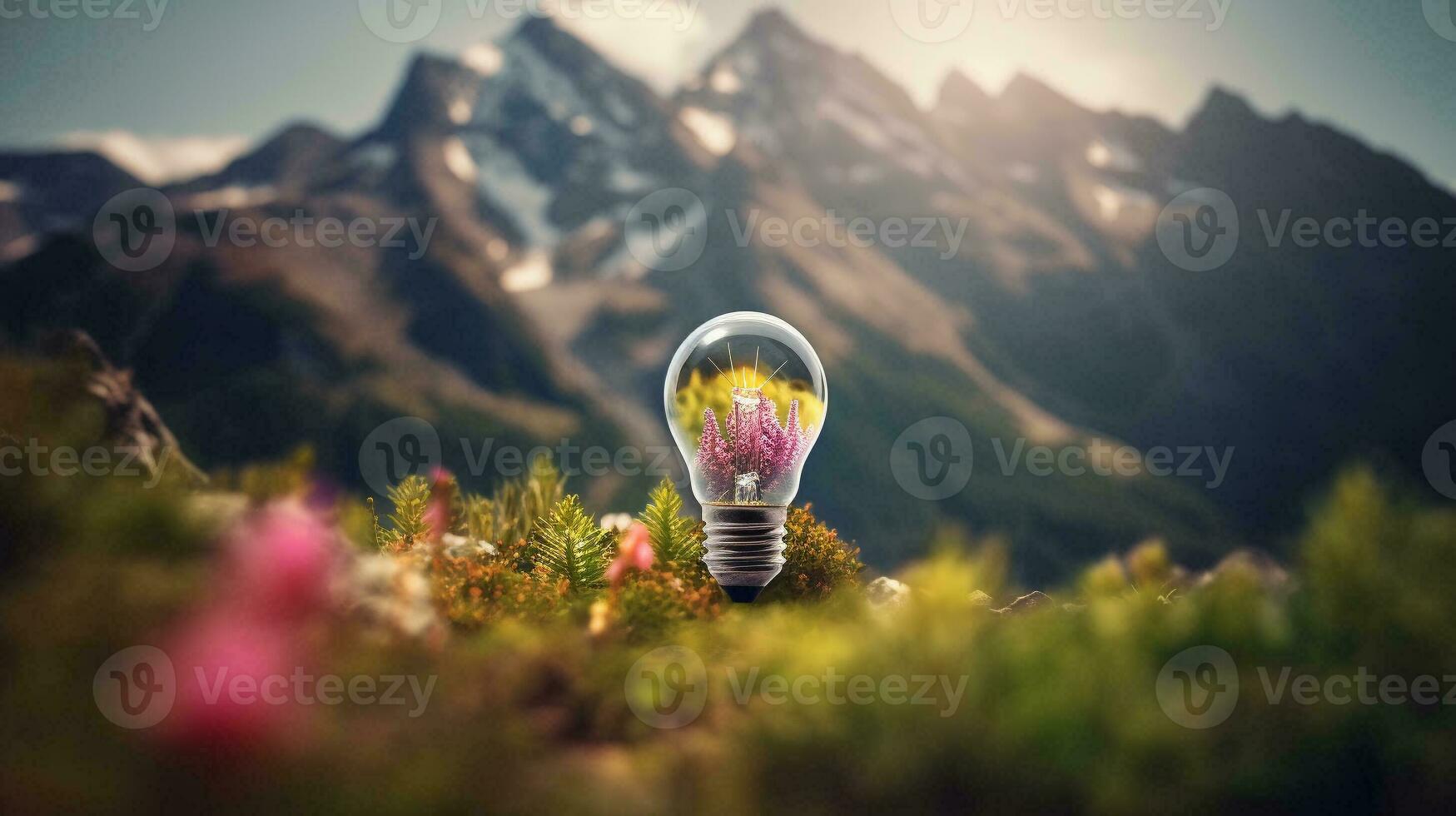 Light bulb on soil and nature background,Creative with inspiration,Innovative technology,Energy and environmental concepts. Generative Ai. photo