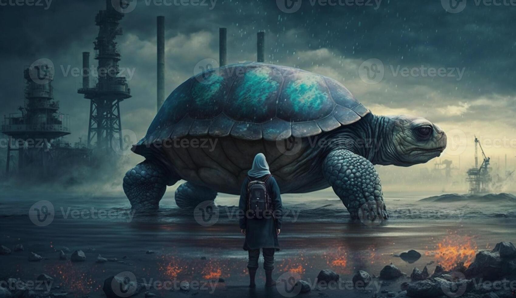 turtle standing looking at toxic fumes from a petrochemical refinery at sunrise. . photo