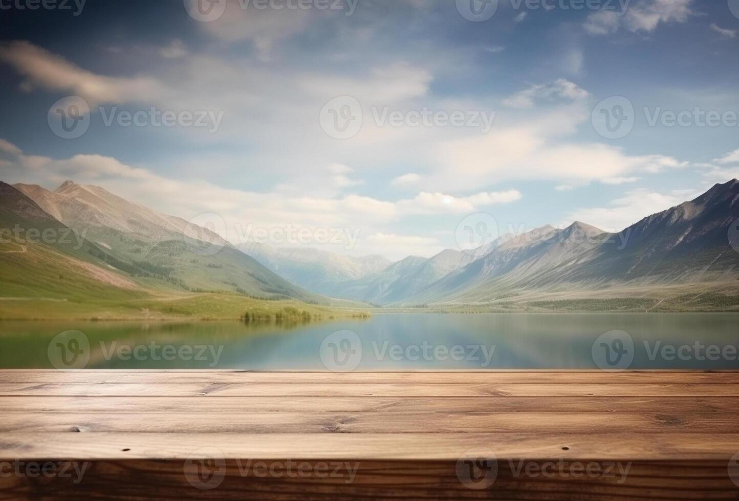 Empty wooden table decorated with meadow blurred lake and mountain view background. . photo
