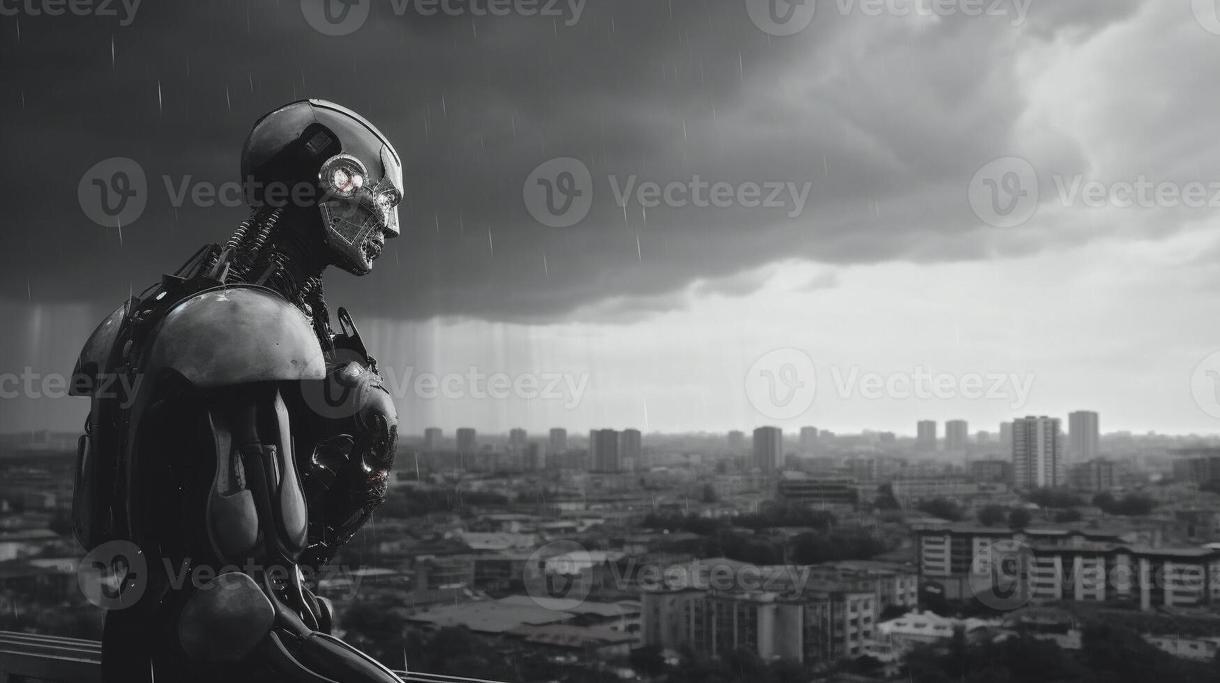 The robot stands with its back looking at the city. with a sky with colorful thunderstorms and lightnings.. photo