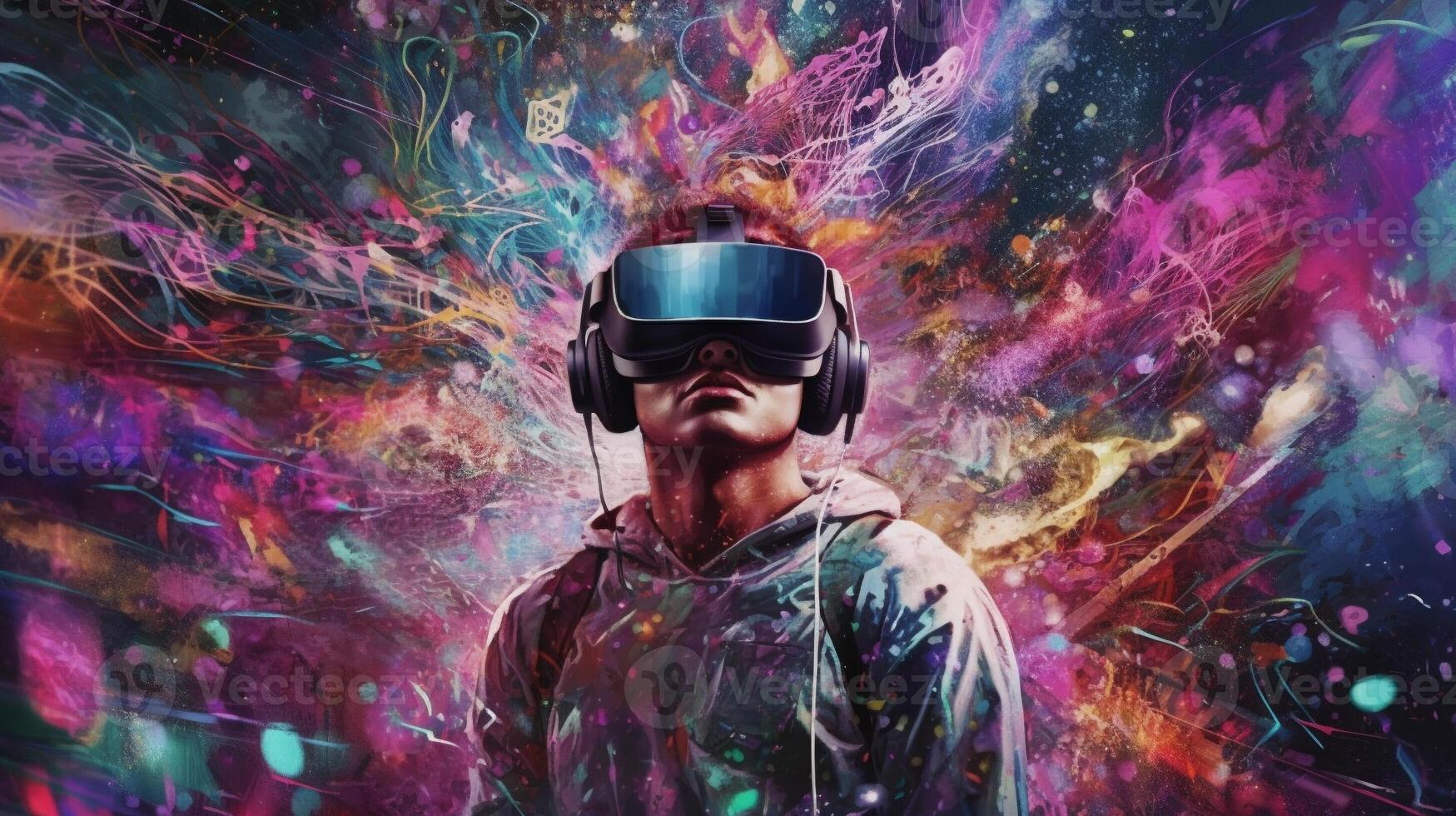 Young man using virtual reality headset. VR glasses, futuristic, technology, online education, education, video game concept. Generative AI. photo