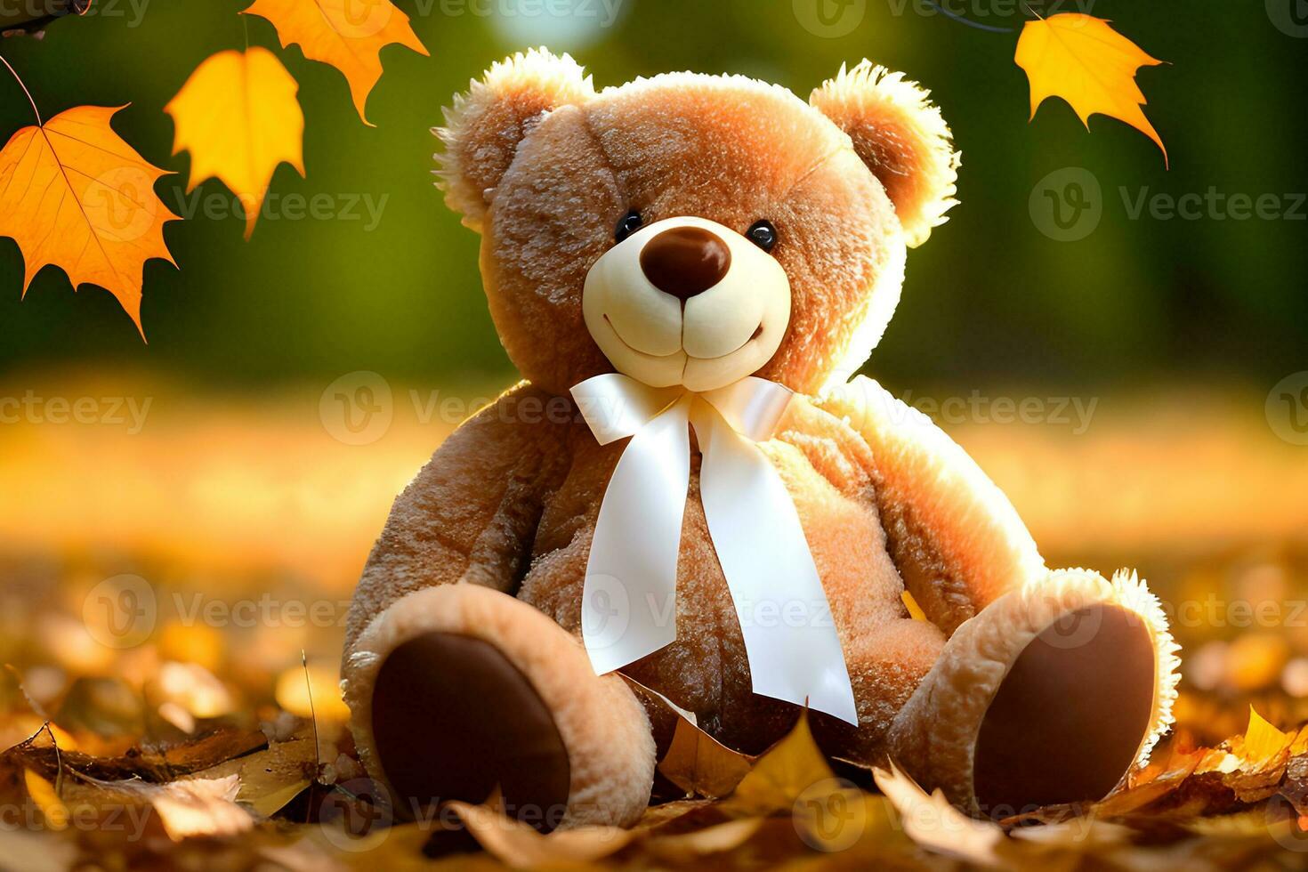 Teddy bear with autumn leaves. cute teddy bear and yellow leaves background. Autumn concept photo