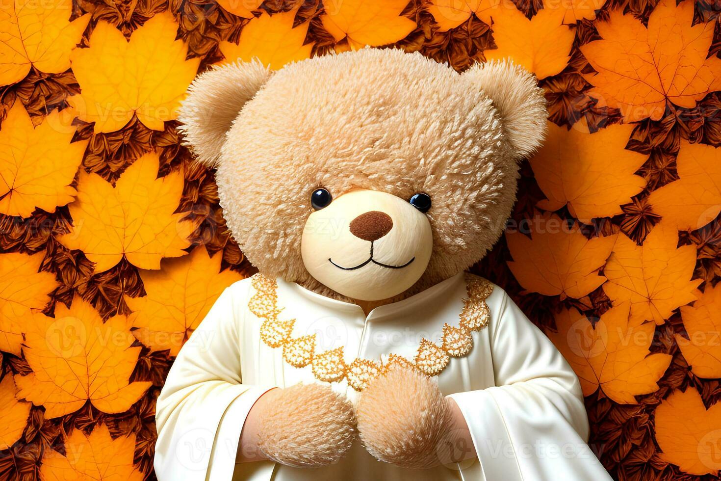 Teddy bear with autumn leaves. cute teddy bear and yellow leaves background. Autumn concept photo