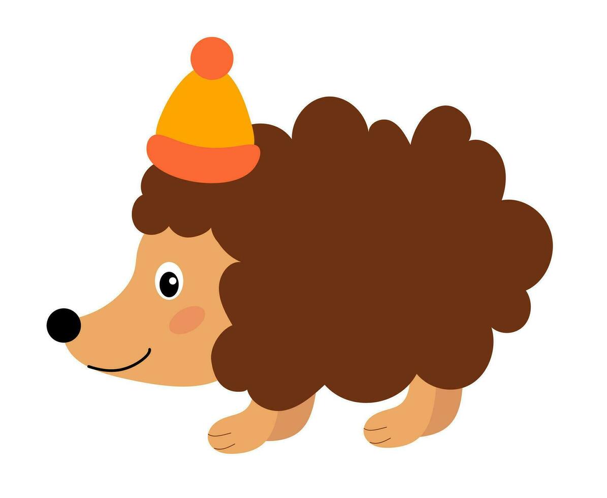 Hedgehog prickly in hat. Autumn cartoon forest animal character. Concept for children design. Vector flat illustration.