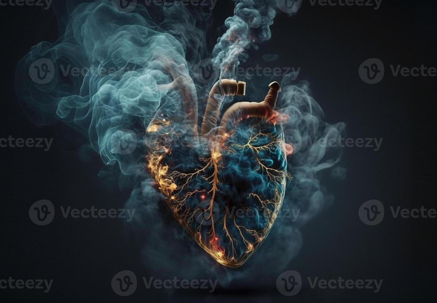 Heart on the dark background full of black smoke, with advanced 3D rendering. Generative AI. photo