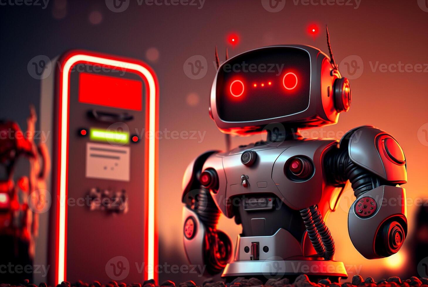 Robot character. Futuristic 3D technology. Electric car charging station. . photo