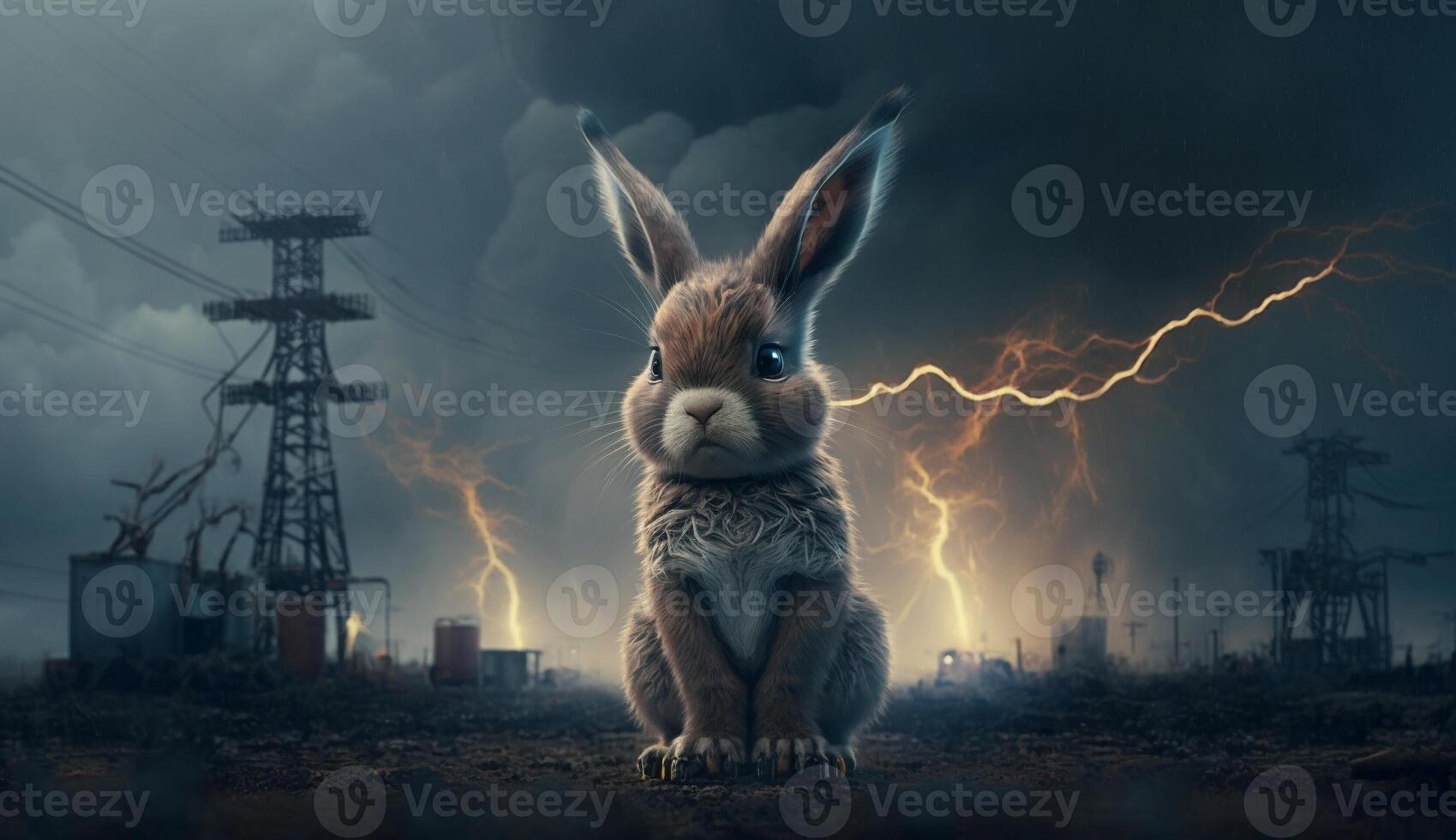 little Rabbit standing in front Toxic mass from chemical. . photo