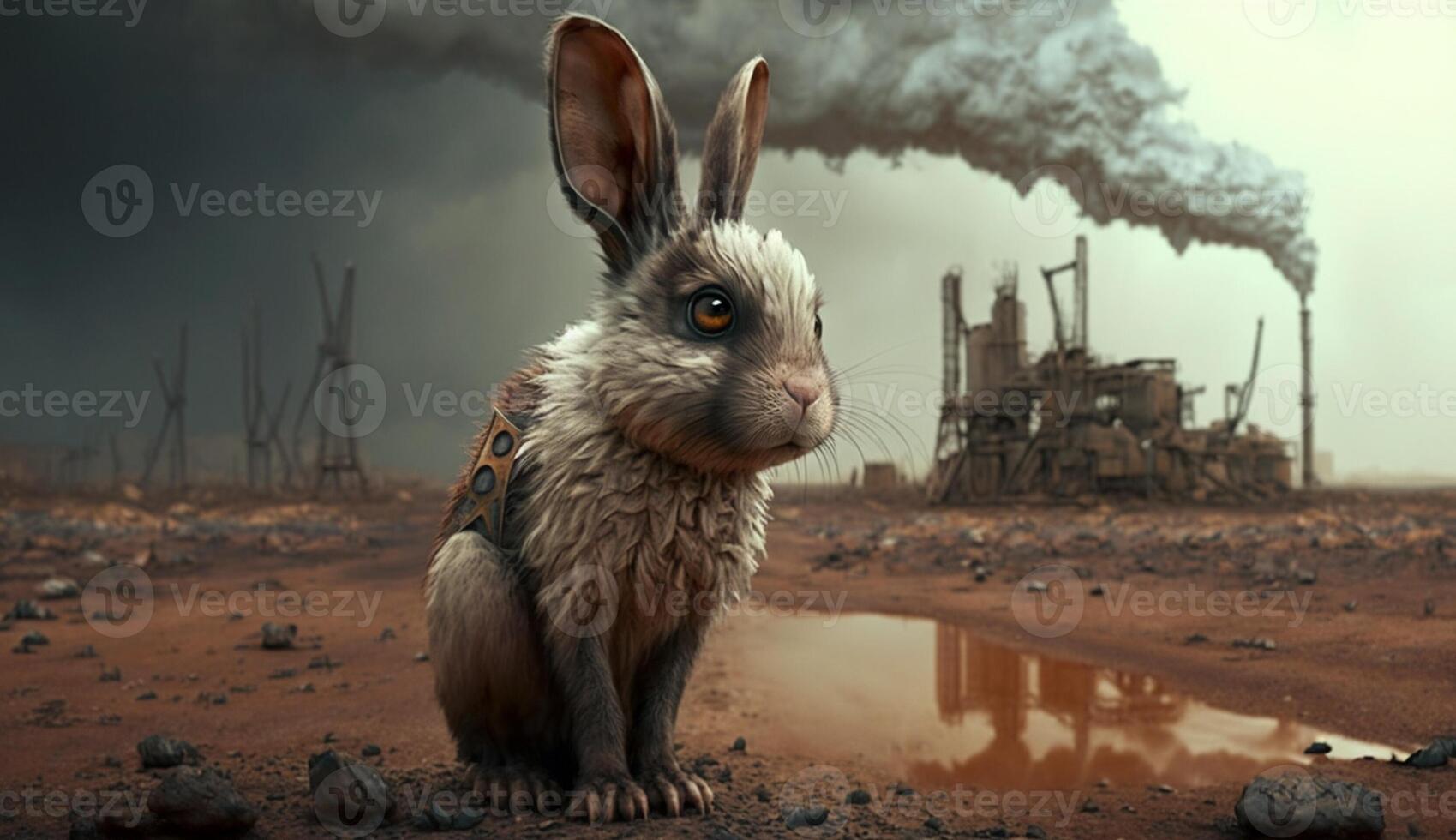 little Rabbit standing in front Toxic mass from chemical. . photo