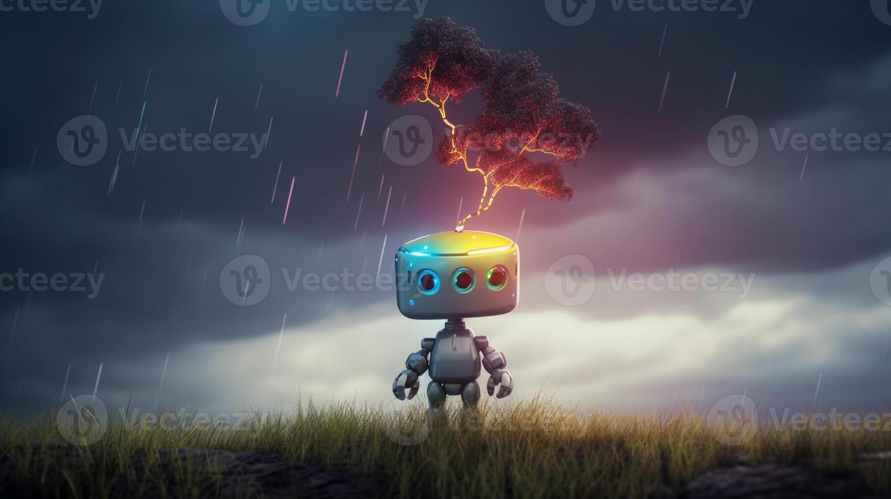 A small robot stands and looks at the tree in the sky with colorful lightning storms. . photo