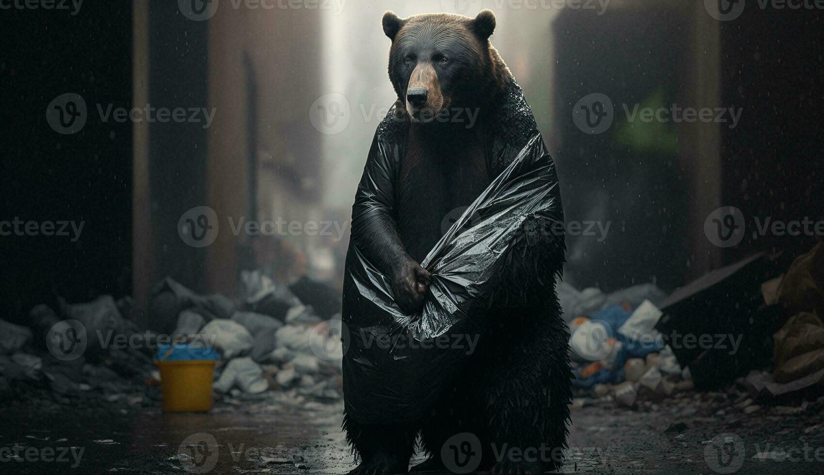 A bear holding a garbage bag stands among piles of plastic waste looking for food and shelter, Concept of saving the world. Generative AI. photo
