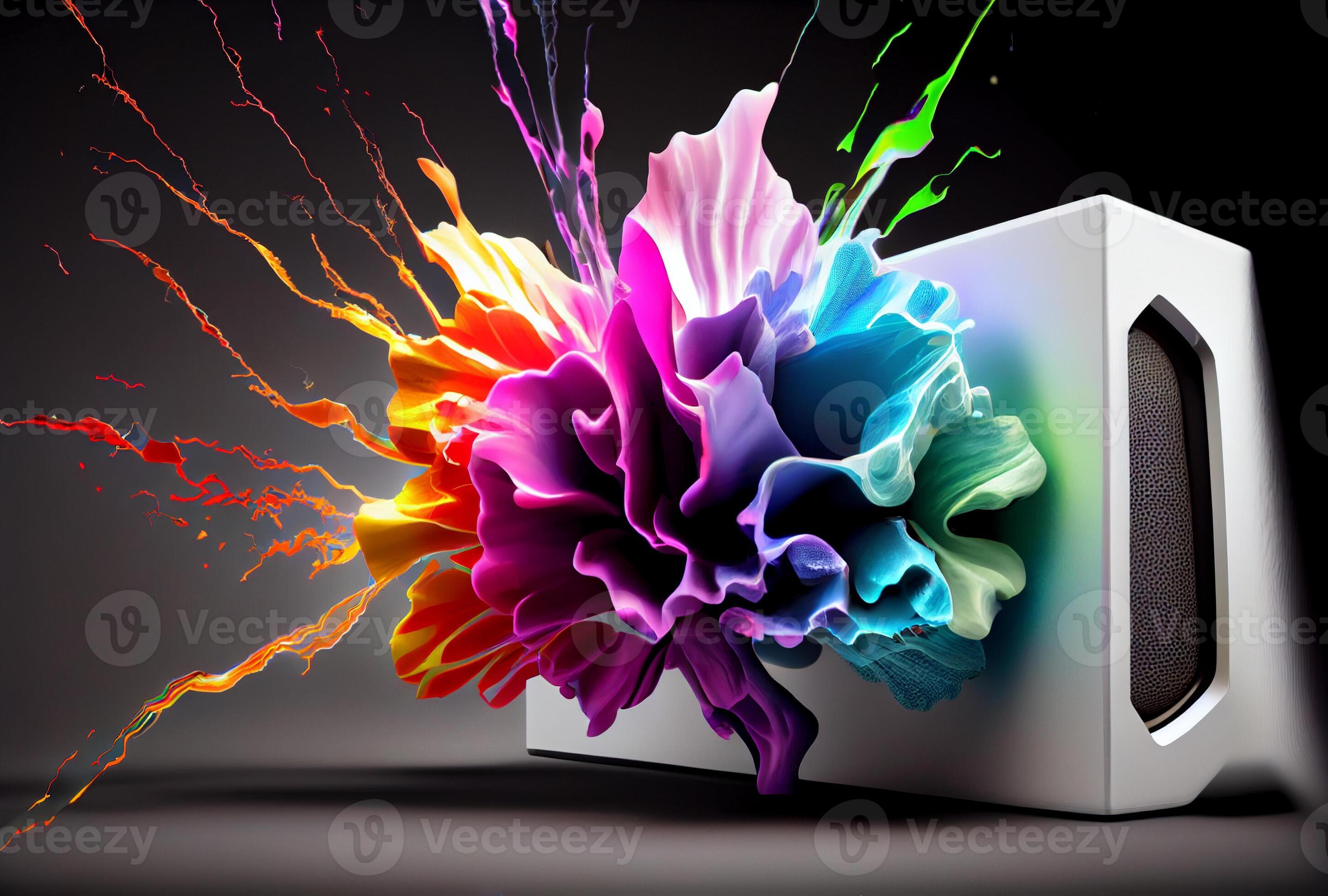 The picture of the loud speaker explodes, beautiful colors, magnificent