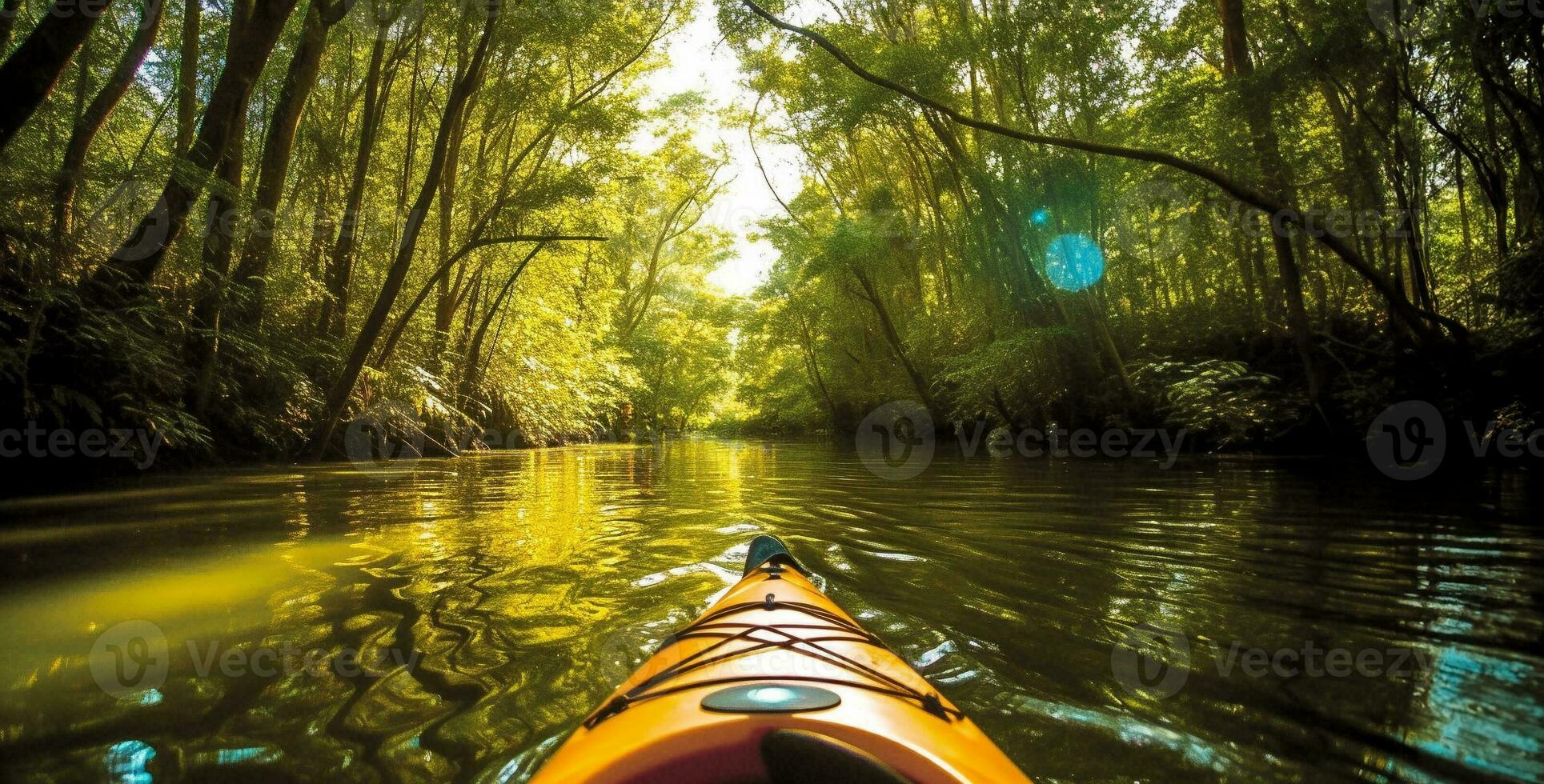 ilustración de verano agua Deportes kayak en un tranquilo río rodeado por lozano verdor. ai generativo. foto