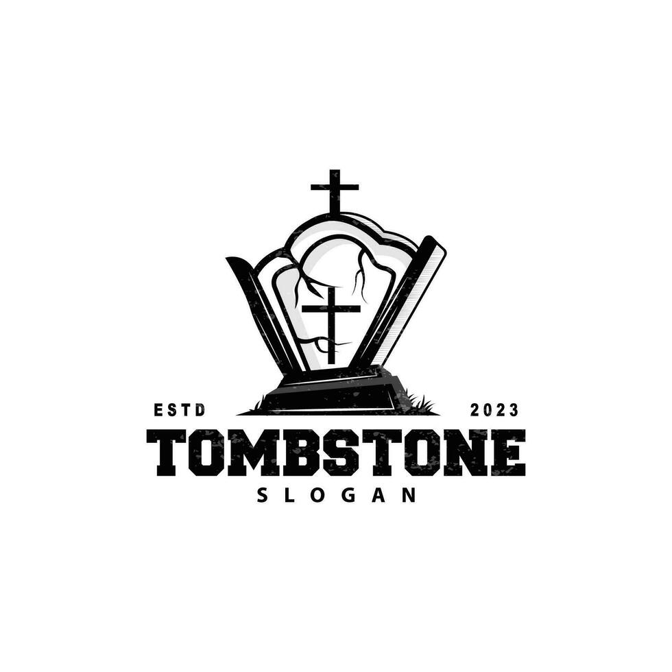 Tombstone Logo, Tomb Cemetery Cross, Vector Vintage Label, Retro Badge, Inspirational Design