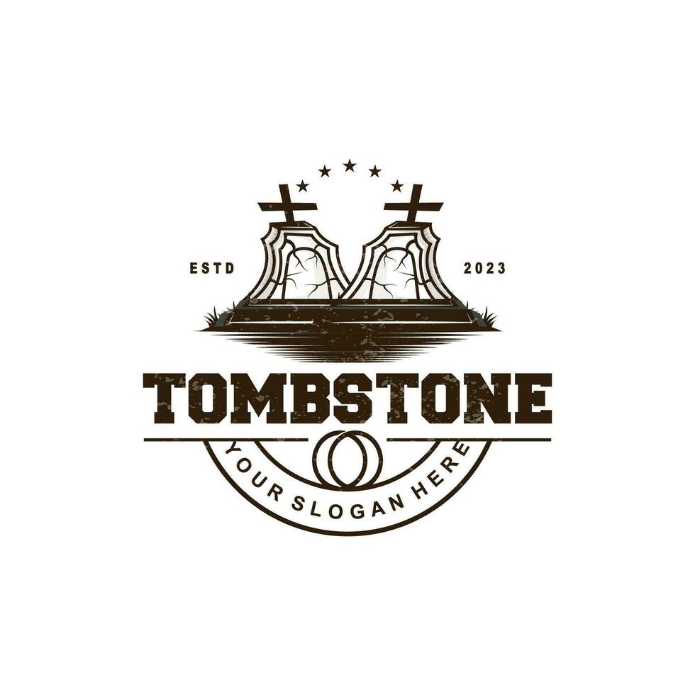 Tombstone Logo, Tomb Cemetery Cross, Vector Vintage Label, Retro Badge, Inspirational Design
