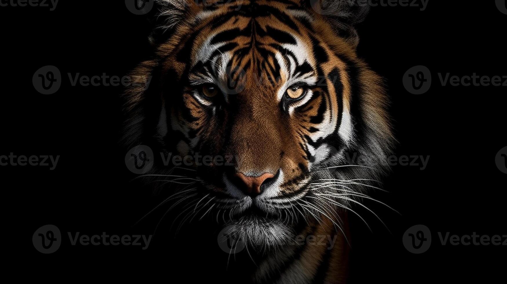 Tiger face on black background on empty space for text. . photo