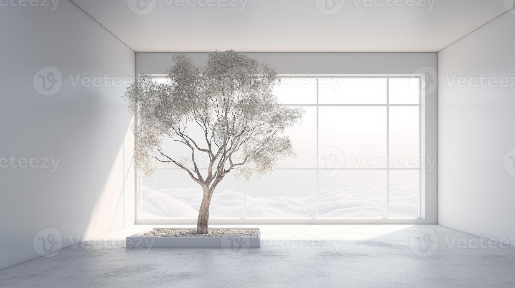 minimal white room with tree in room 3d illustration. . photo