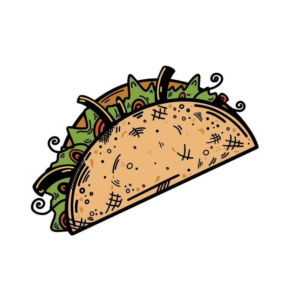 Fresh taco vector icon. Traditional Mexican fast food with meat, vegetables, lettuce. Tasty street snack wrapped in a tortilla. Spicy lunch, sketch isolated on white. Clipart for posters, print, menu