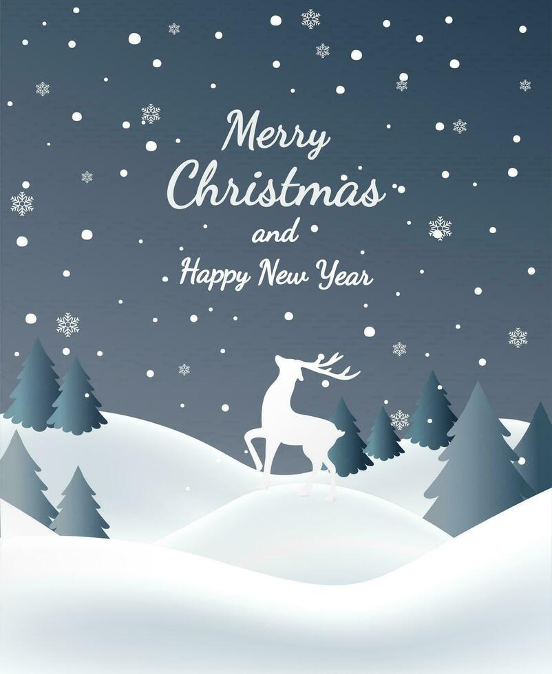 Christmas background with deers in forest. Winter landscape on background snowfall vector