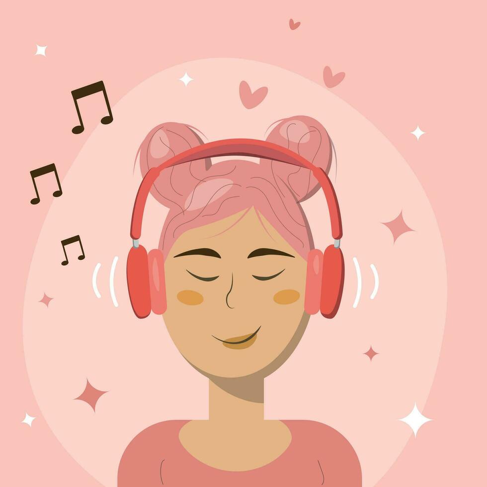 Girl in headphones, enjoying music, pink background vector