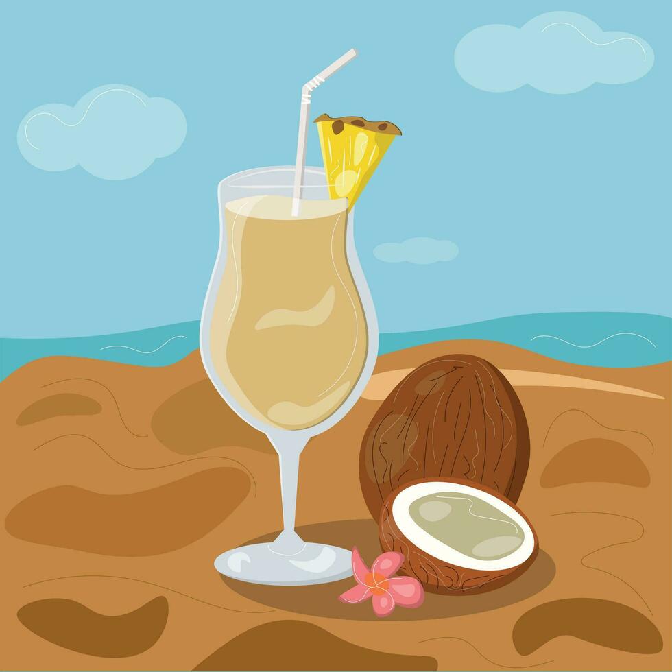 Pina colada in glass, pineapple piece, coconut, Tropical fruit drink vector illustration in cartoon style