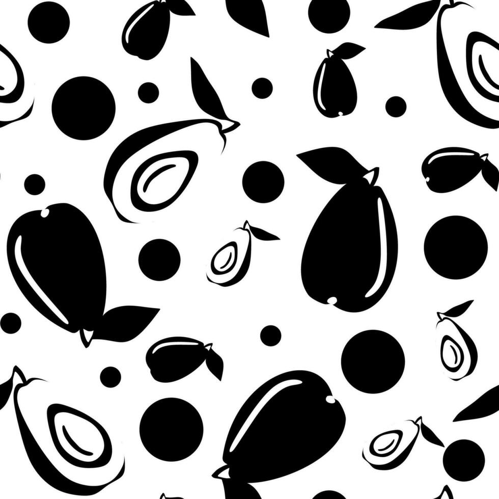 Seamless black and white doodle pattern with pears or avocados. Fruit Endless vector background for fabric, wallpaper, Wrapping paper, Clothes. Contrast plant template, Creative graphic.