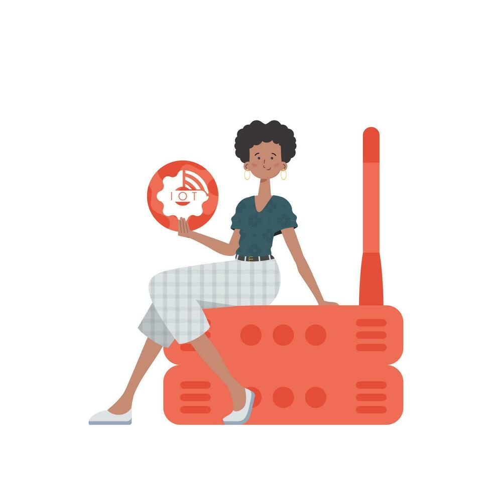 A woman is holding an internet thing icon in her hands. Router and server. Internet of things concept. Isolated. Vector illustration in trendy flat style.