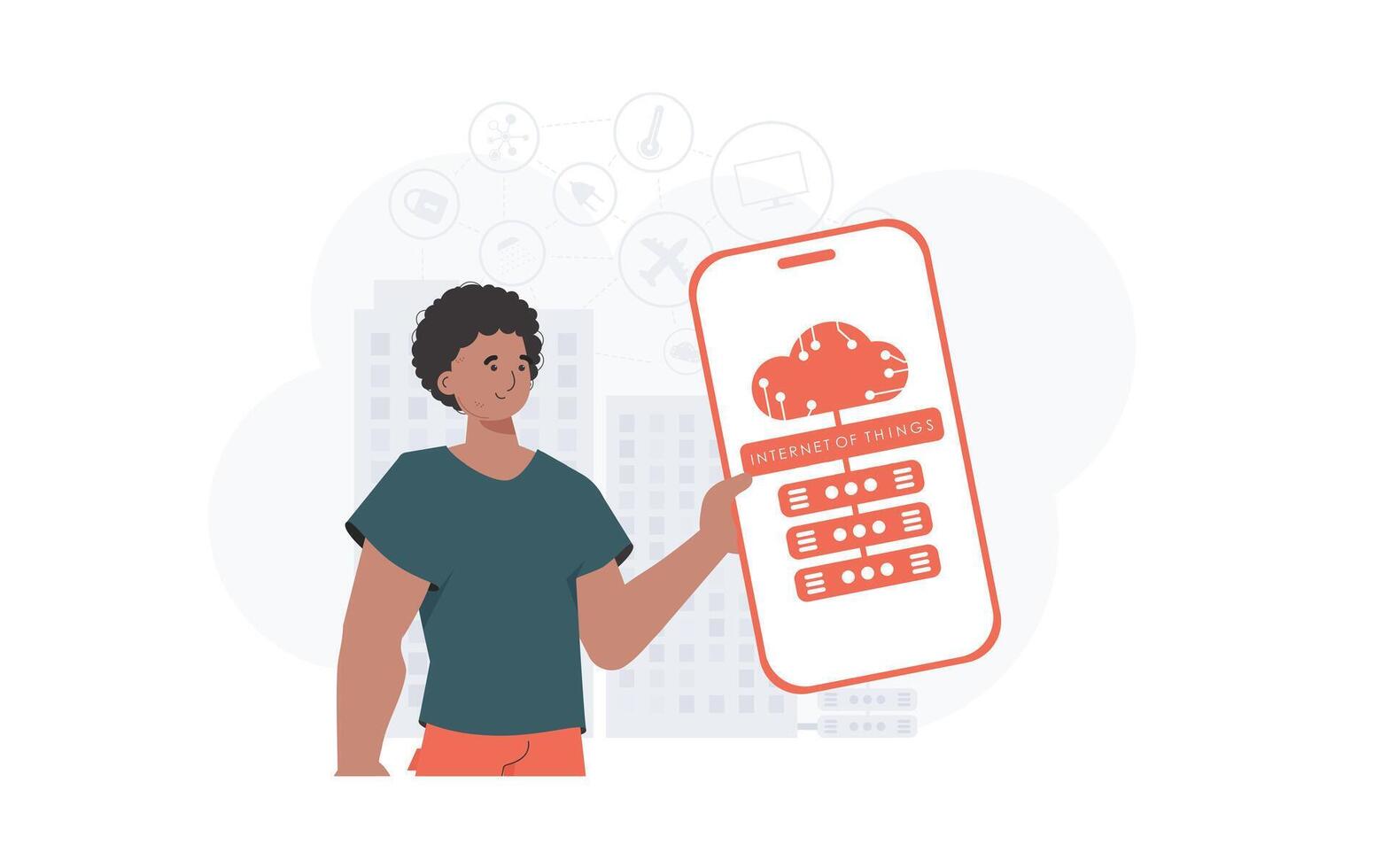 Internet of things and automation concept. The guy is holding a phone with the IoT logo in his hands. Vector illustration in flat style.