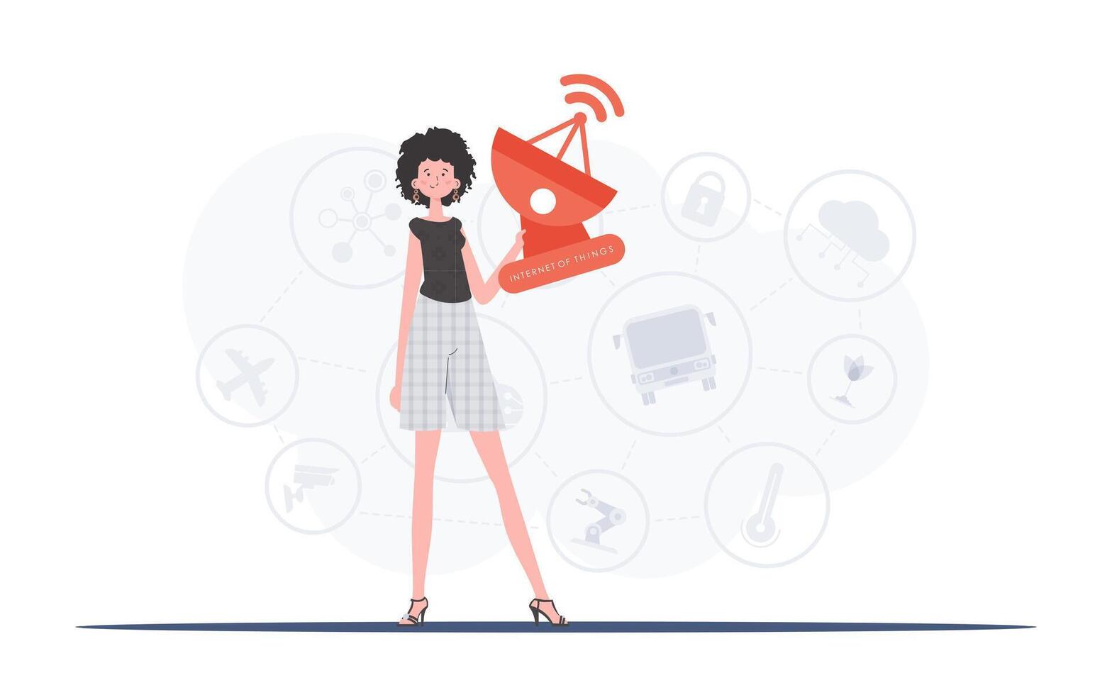 A woman holds a satellite dish in her hands. Internet of things concept. Good for presentations, websites and typography. Trendy flat style. Vector illustration.