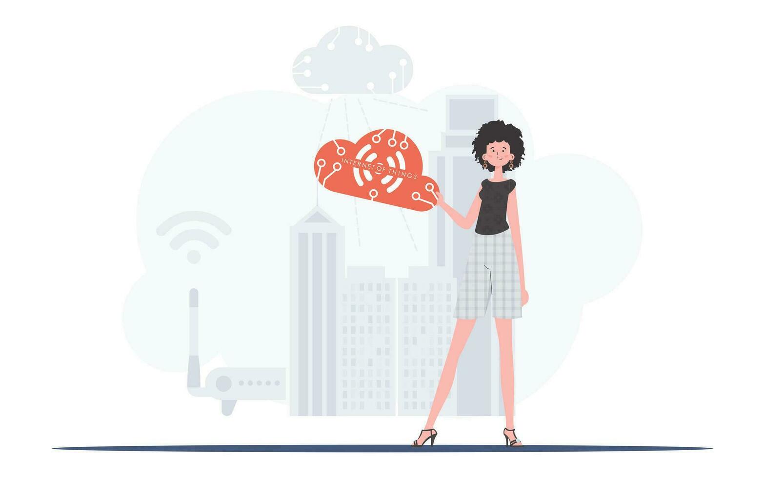 A woman is holding an internet thing icon in her hands. IOT and automation concept. Good for presentations and websites. Vector illustration in flat style.