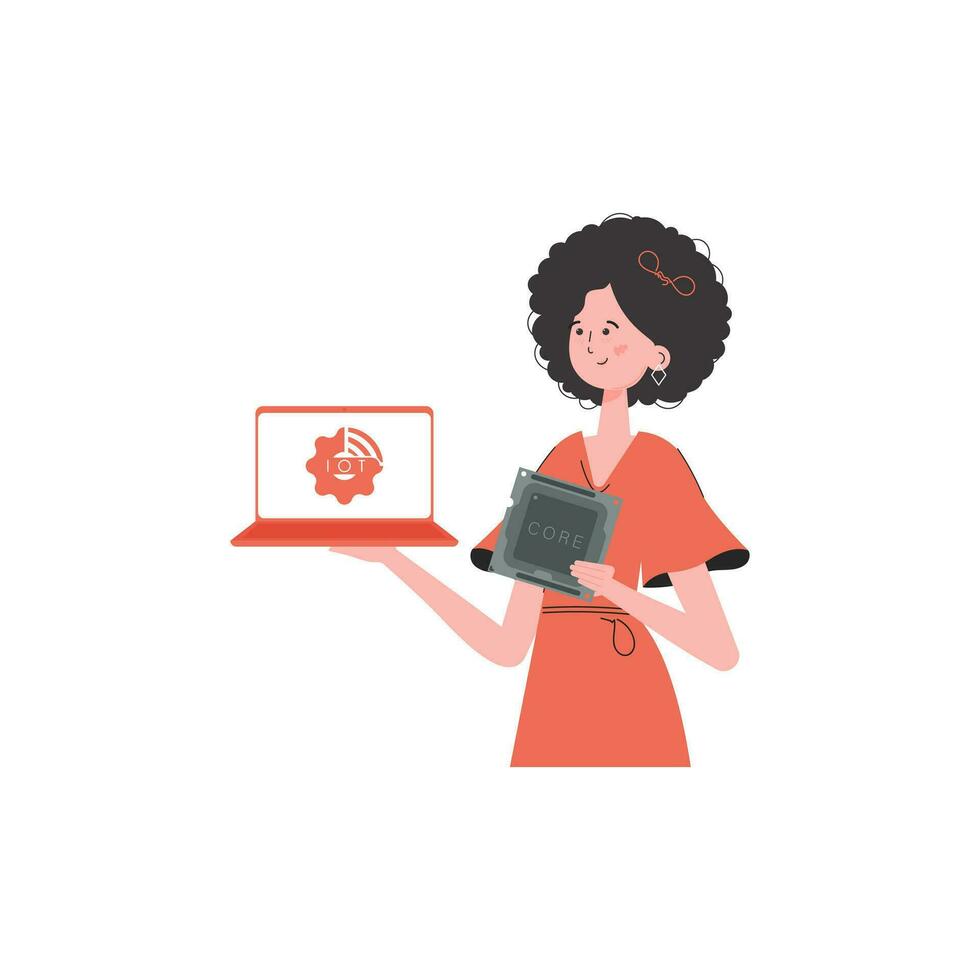 un mujer sostiene un ordenador portátil y un procesador chip en su manos. Internet de cosas concepto. aislado. de moda plano estilo. vector ilustración.