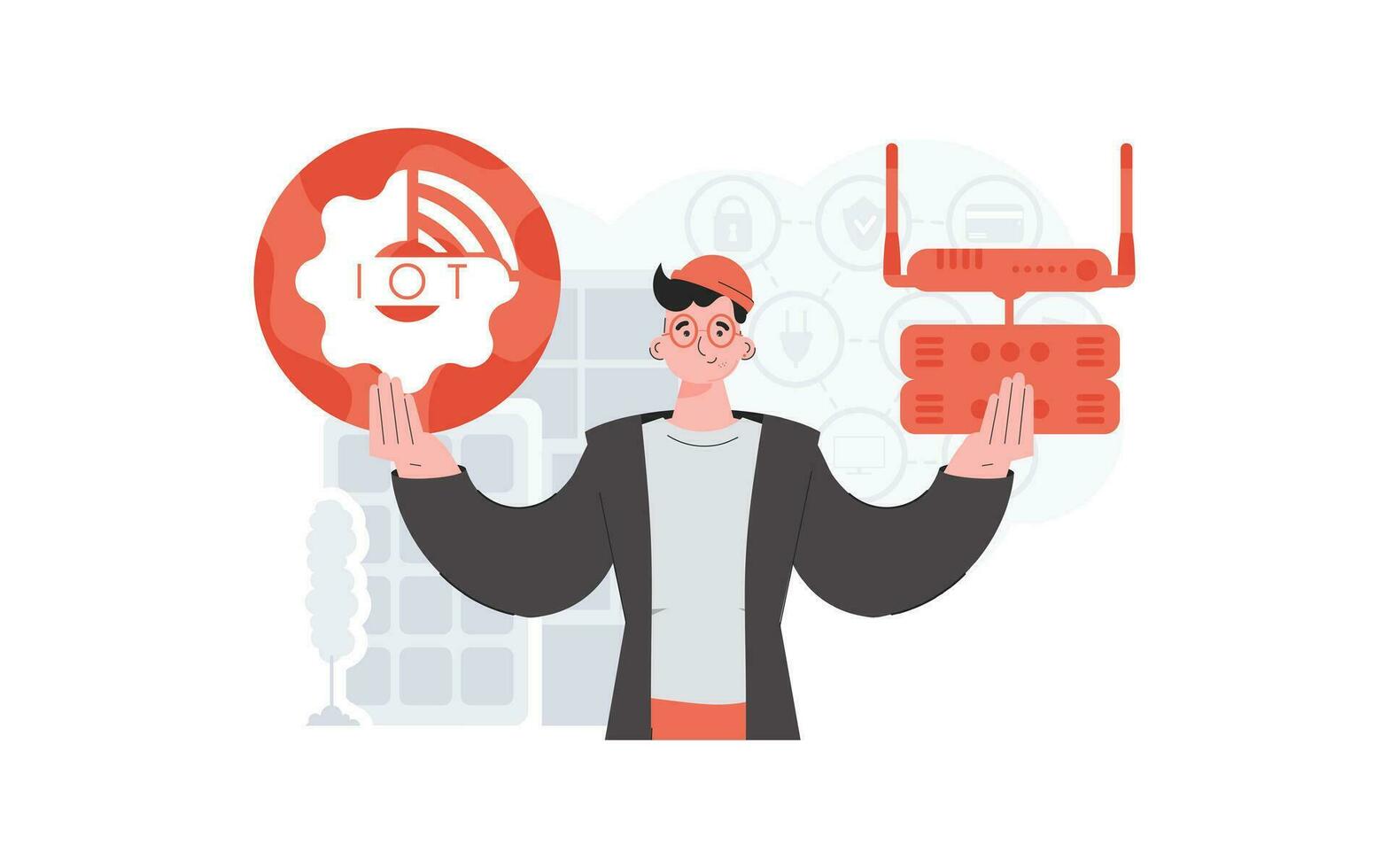 Internet of things and automation concept. A man is holding an internet thing icon in her hands. Router and server. Good for presentations and websites. Vector illustration in trendy flat style.