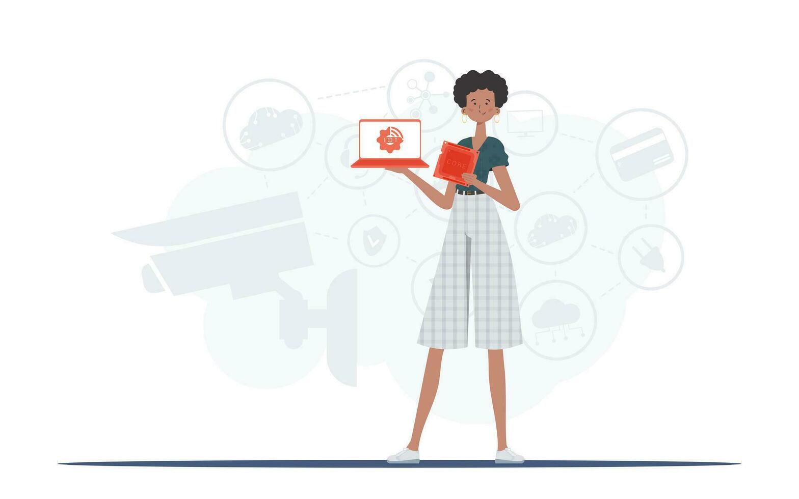 The girl is holding a laptop and a processor chip in her hands. Internet of things and automation concept. Vector. vector