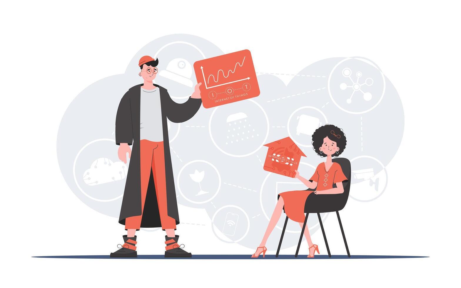 Internet of things concept. The girl and the guy are a team in the field of IoT. Good for websites and presentations. Trendy flat style. . vector