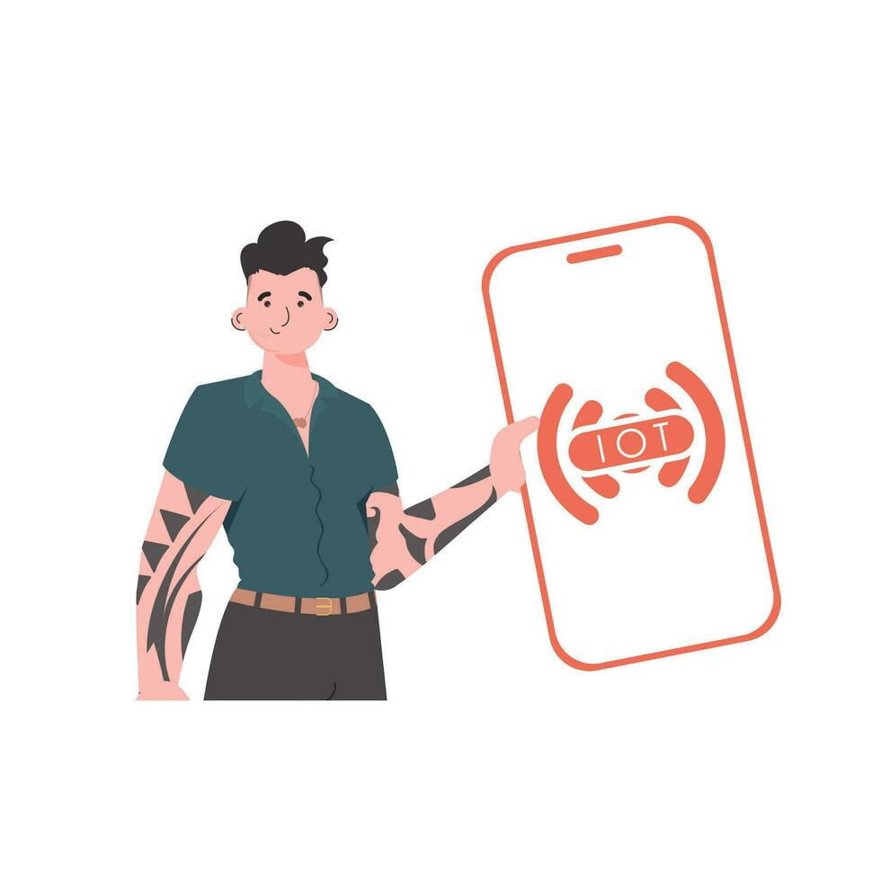 The guy is holding a phone with the IoT logo in his hands. IoT concept. Vector illustration in trendy flat style.