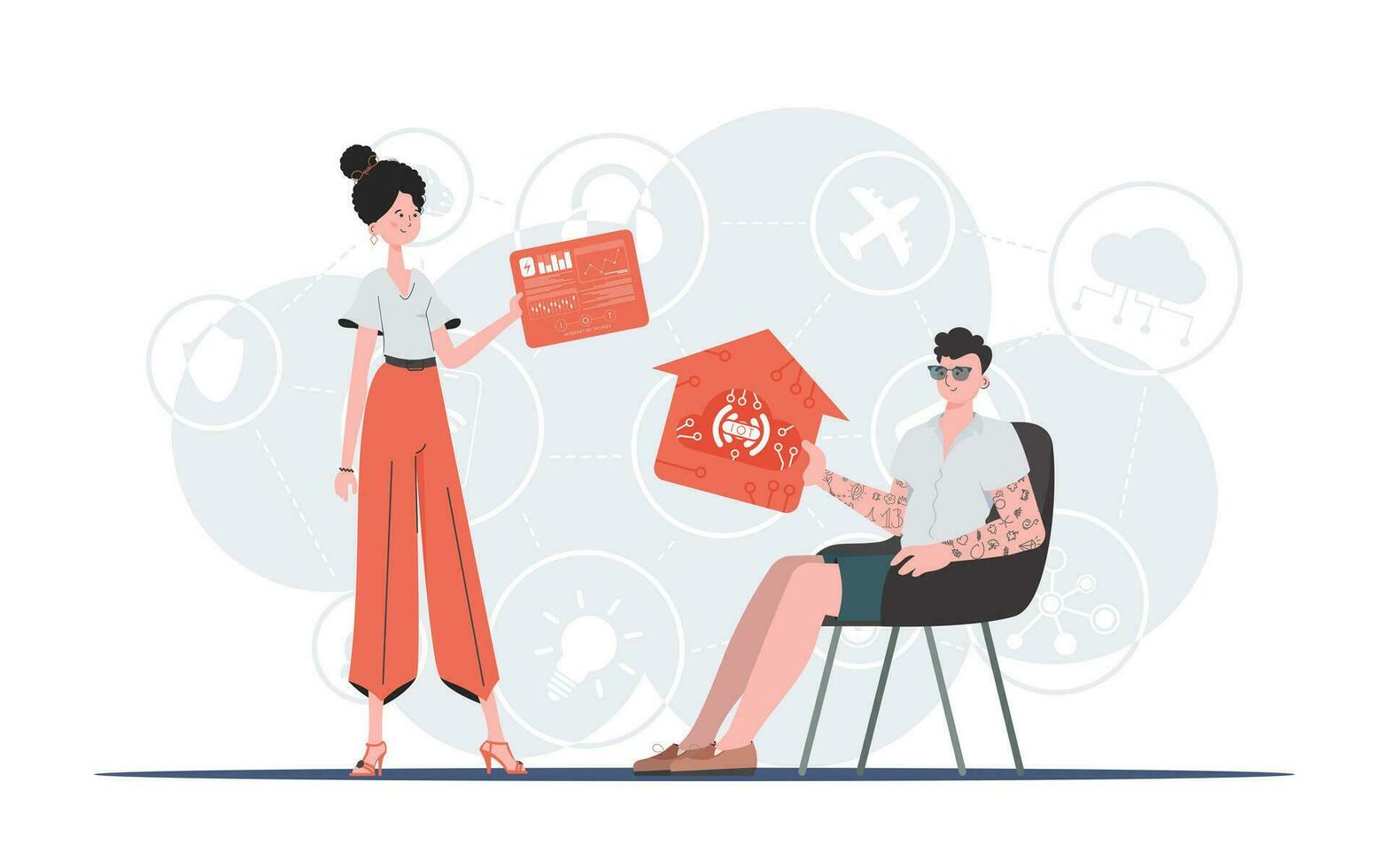 Internet of things concept. The girl and the guy are a team in the field of Internet of things. Good for presentations and websites. Vector illustration in flat style.