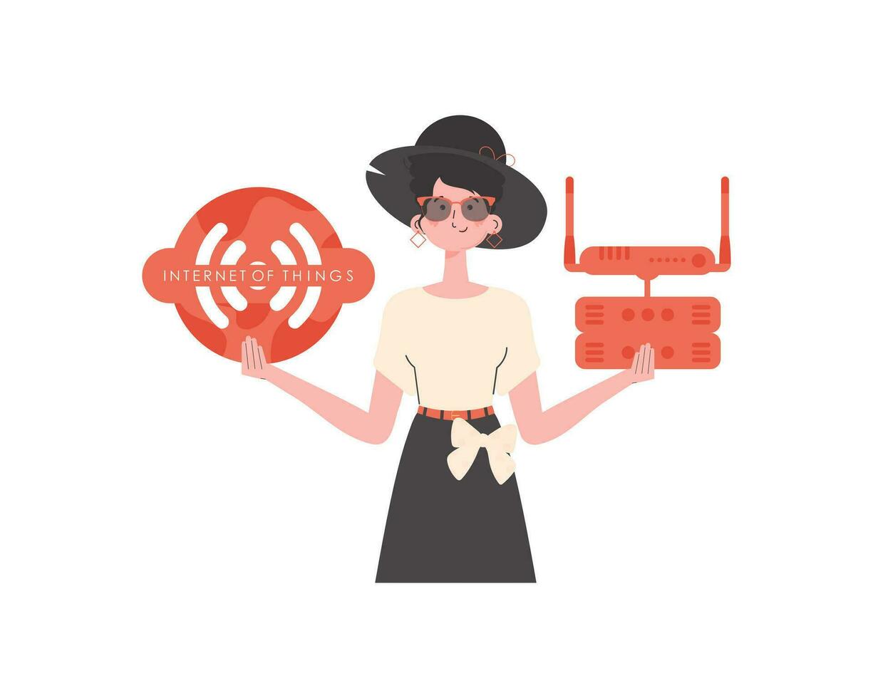 un mujer sostiene el Internet de cosas logo en su manos. enrutador y servidor. Internet de cosas y automatización concepto. aislado. vector ilustración en de moda plano estilo.