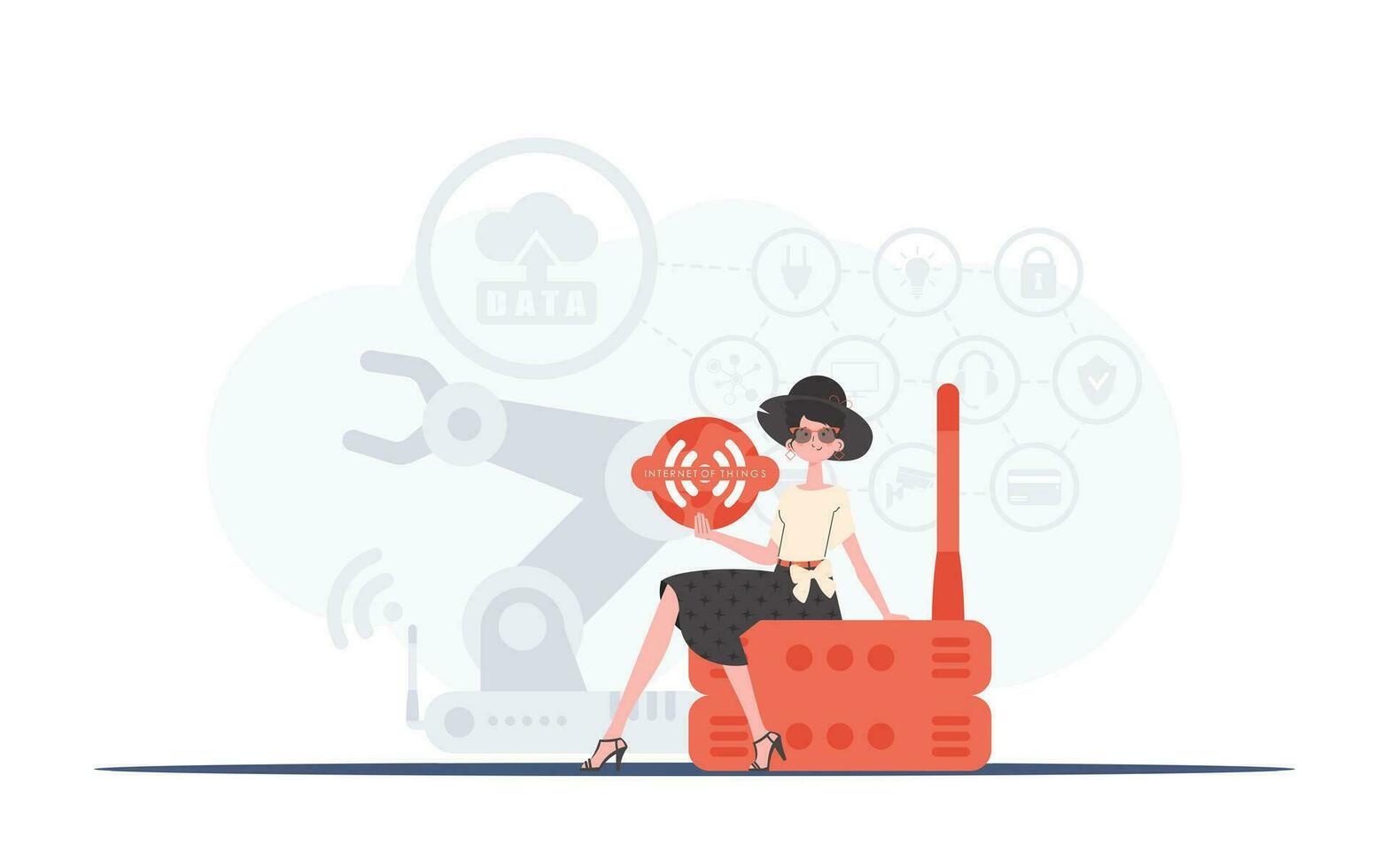 Internet of things concept. A woman is holding an internet thing icon in her hands. Router and server. Good for websites and presentations. Vector illustration in trendy flat style.