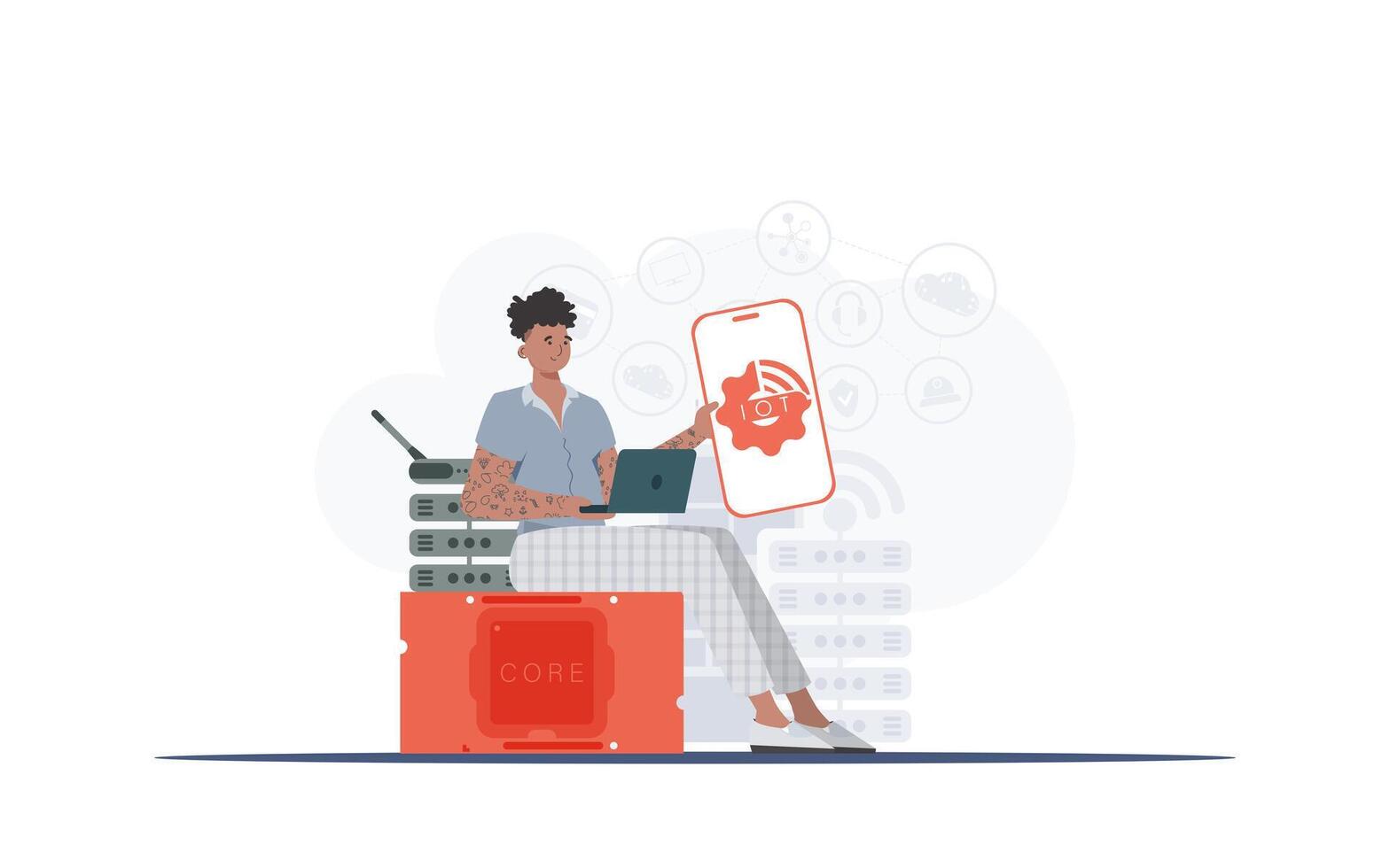 IOT and automation concept. The guy is holding a phone with the IoT logo in his hands. Vector illustration in trendy flat style.