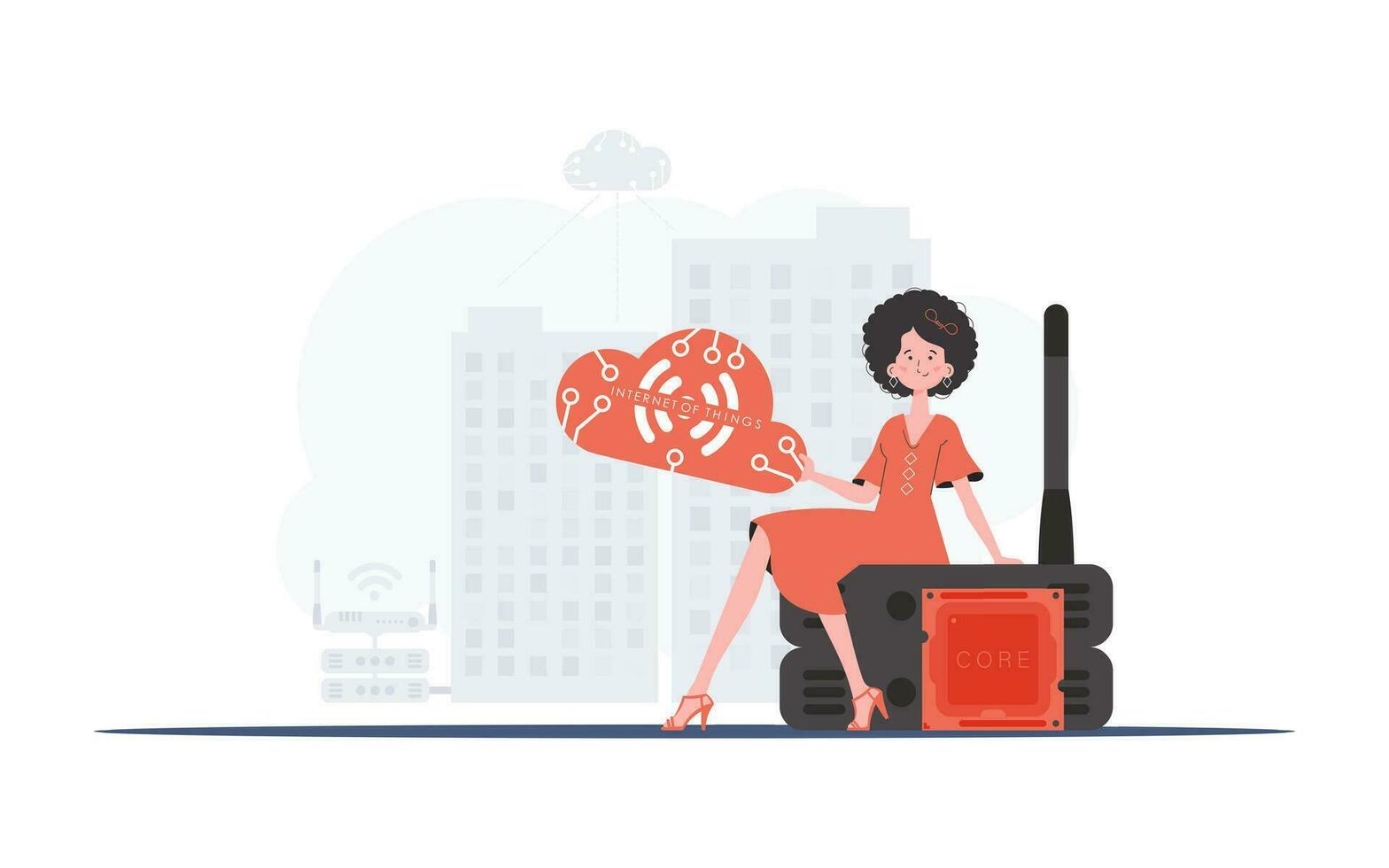 Internet de cosas concepto. un mujer se sienta en un enrutador y sostiene el Internet de cosas logo en su manos. vector ilustración en de moda plano estilo.
