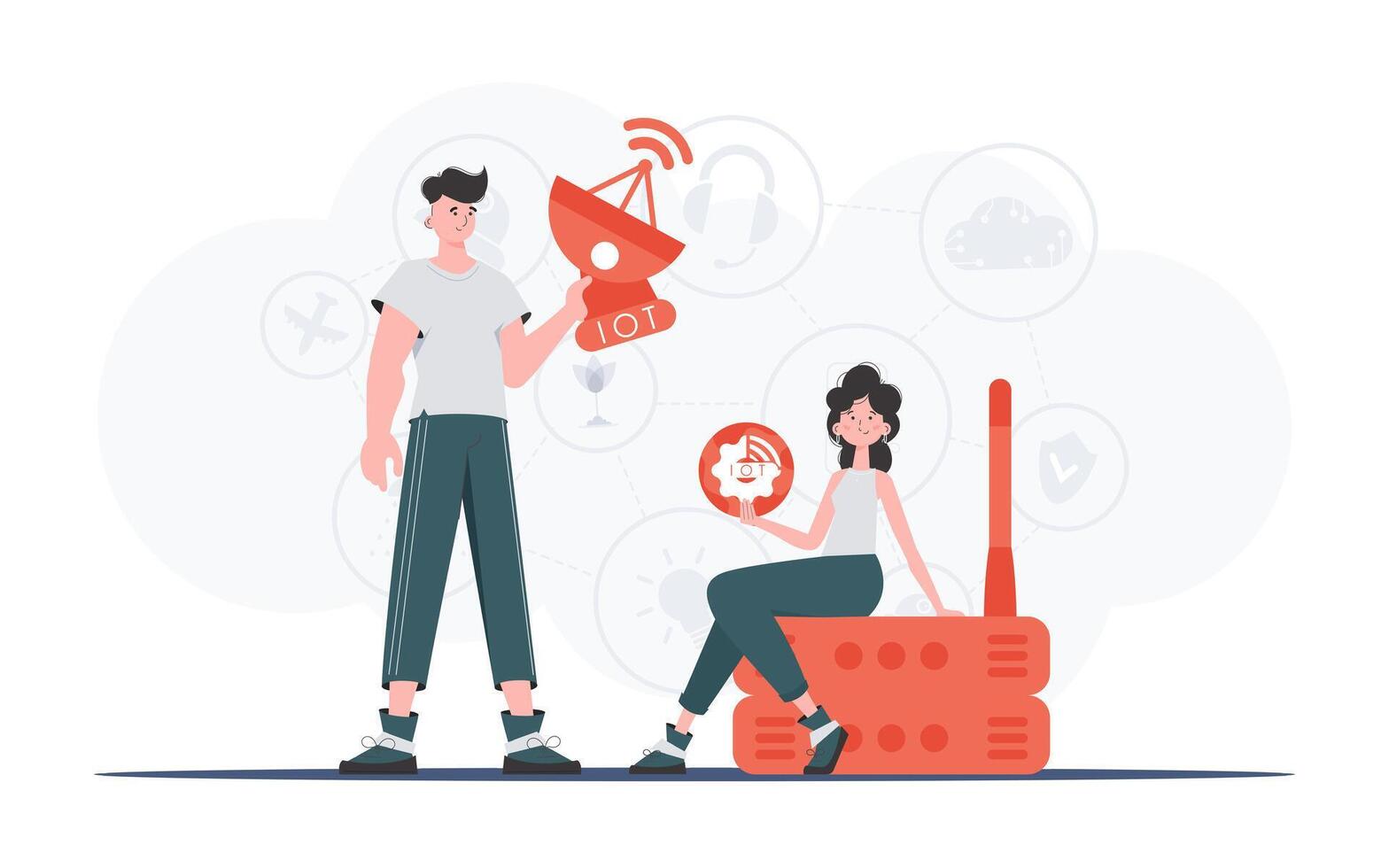 IoT concept. The girl and the guy are a team in the field of IoT. Good for presentations and websites. Vector illustration.
