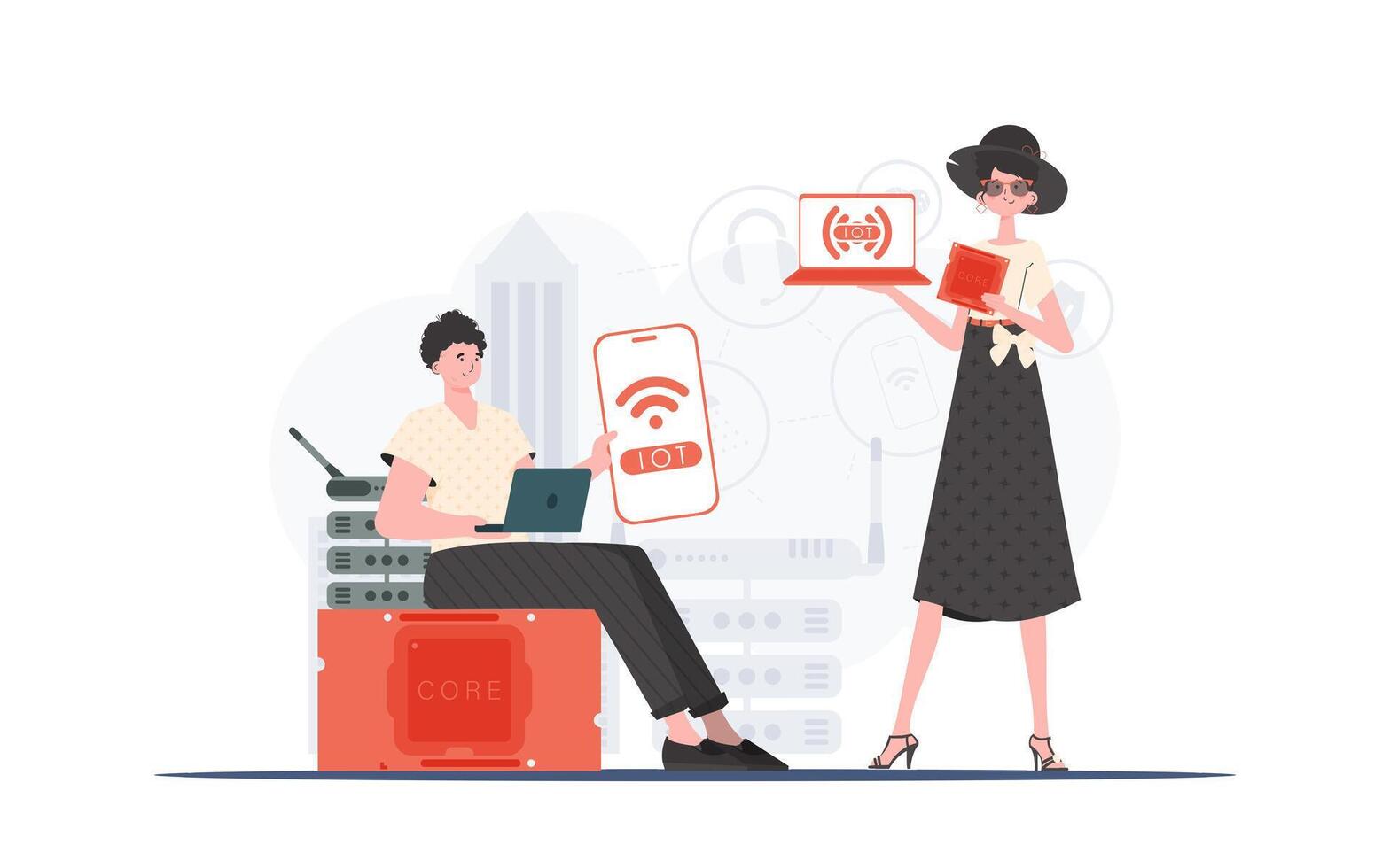 IOT and automation concept. Internet of Things Team. Good for websites and presentations. illustration in flat style. vector