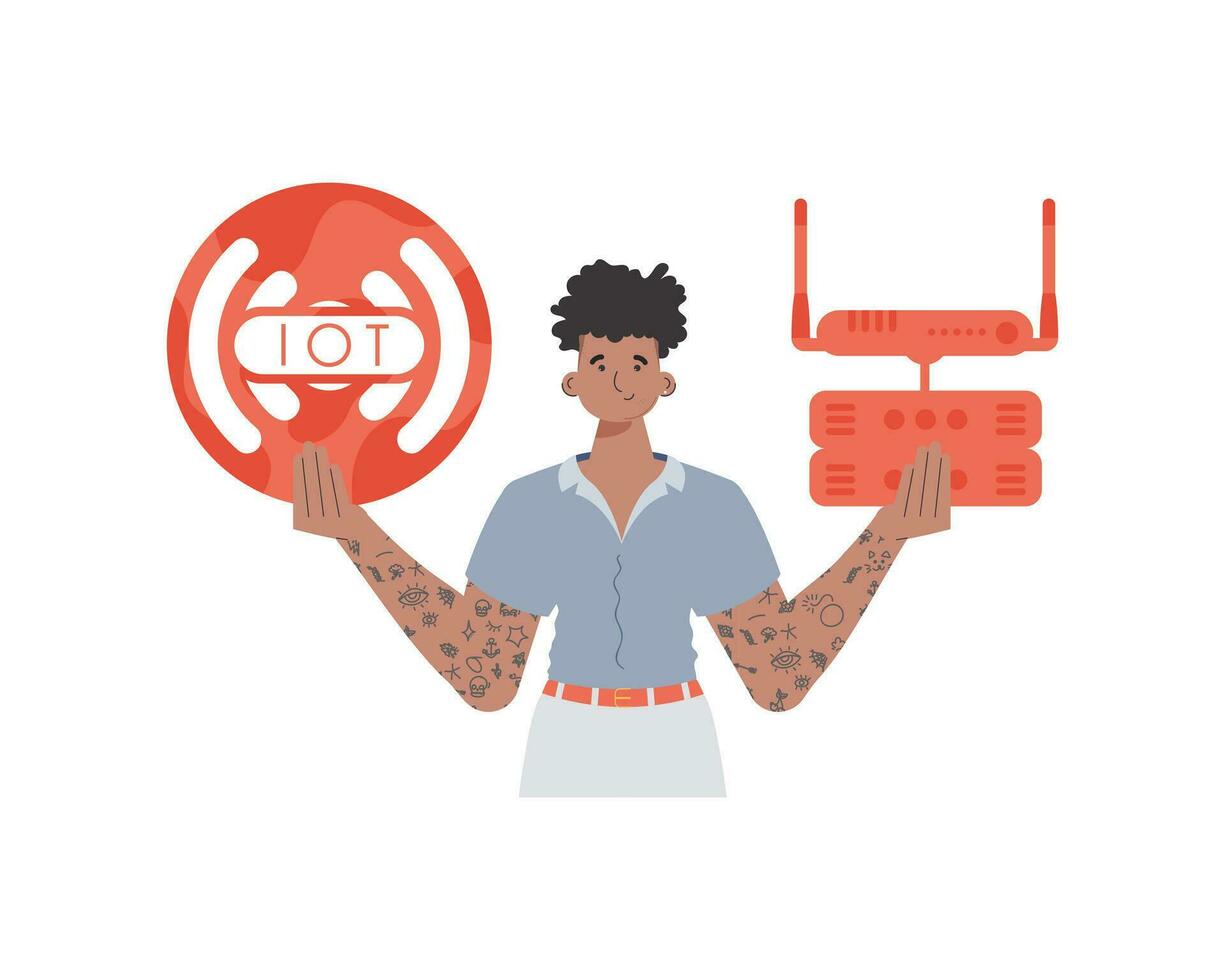 A man holds an internet thing icon in his hands. Router and server. IoT concept. Isolated. Trendy flat style. Vector. vector