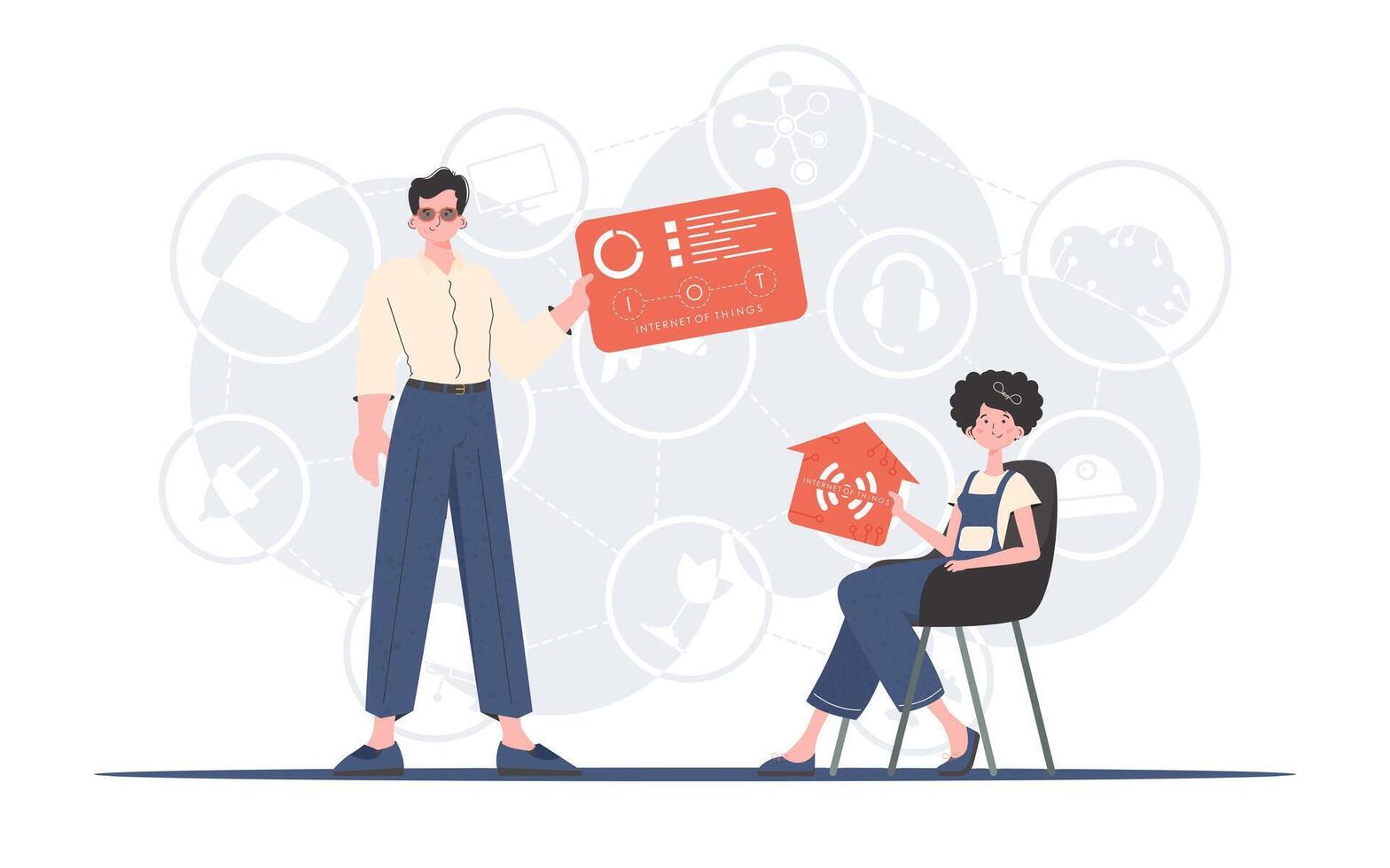 Internet of things concept. The girl and the guy are a team in the field of IoT. Good for presentations and websites. Vector illustration in trendy flat style.