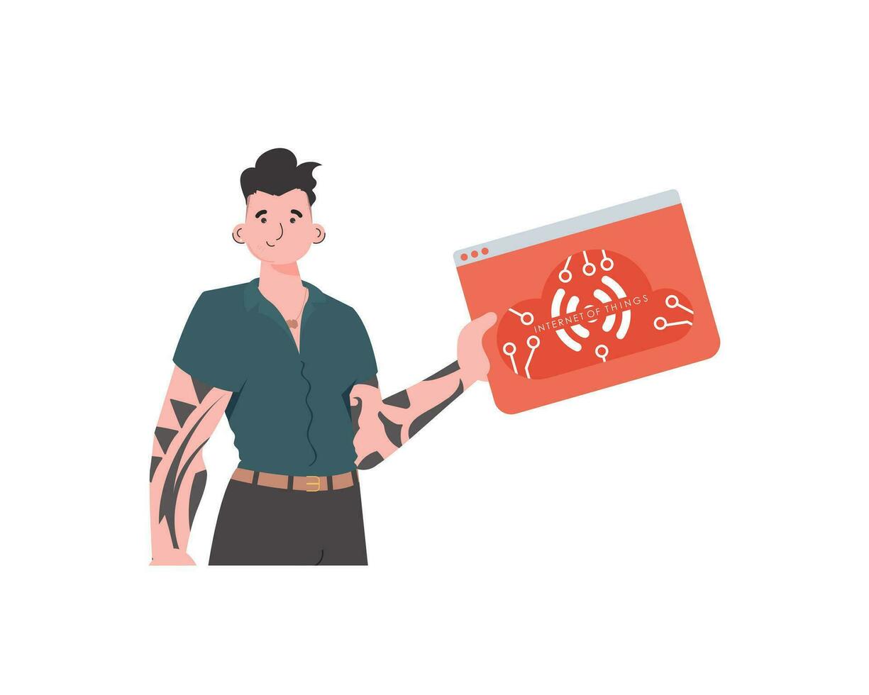 The guy holds the IoT logo in his hands. Internet of things and automation concept. Isolated. Vector illustration in trendy flat style.