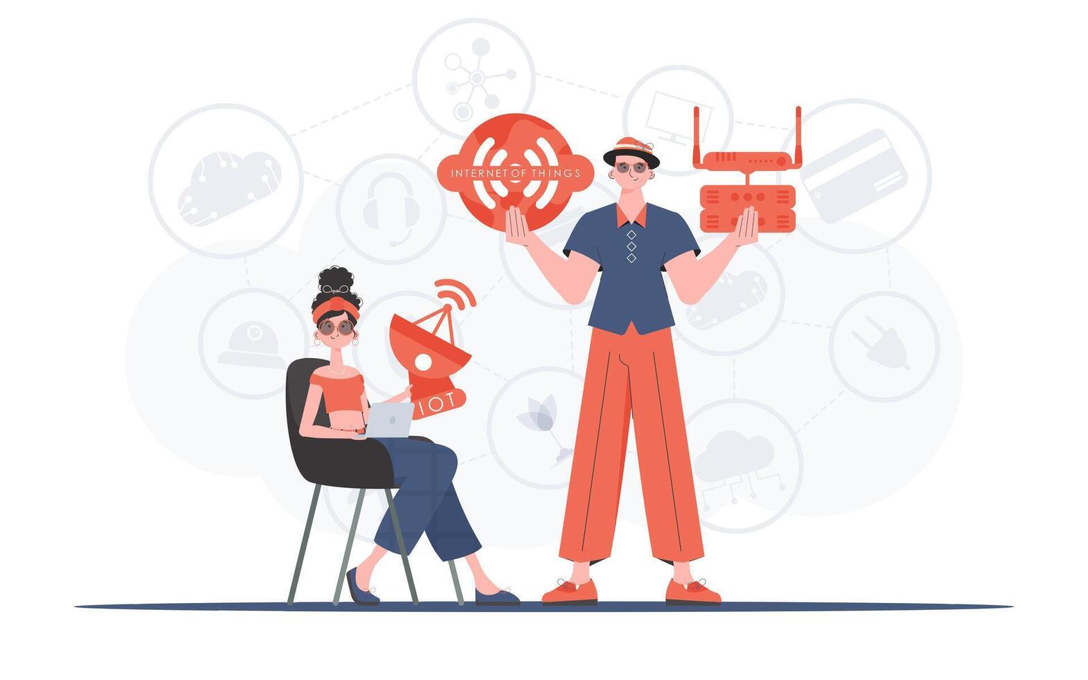 Internet of things and automation concept. The girl and the guy are a team in the field of Internet of things. Good for presentations and websites. Trendy flat style. Vector. vector