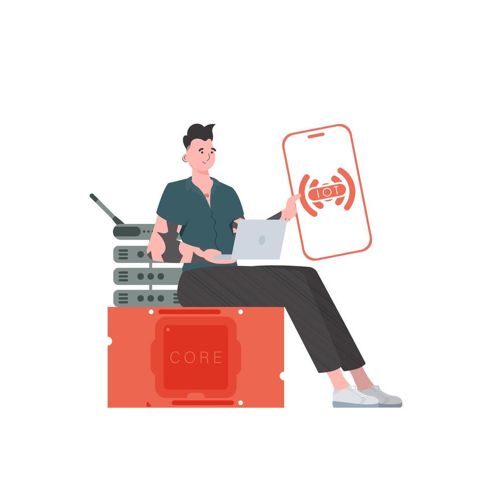 A man holds a phone with the IoT logo in his hands. Internet of things concept. Vector illustration in trendy flat style.