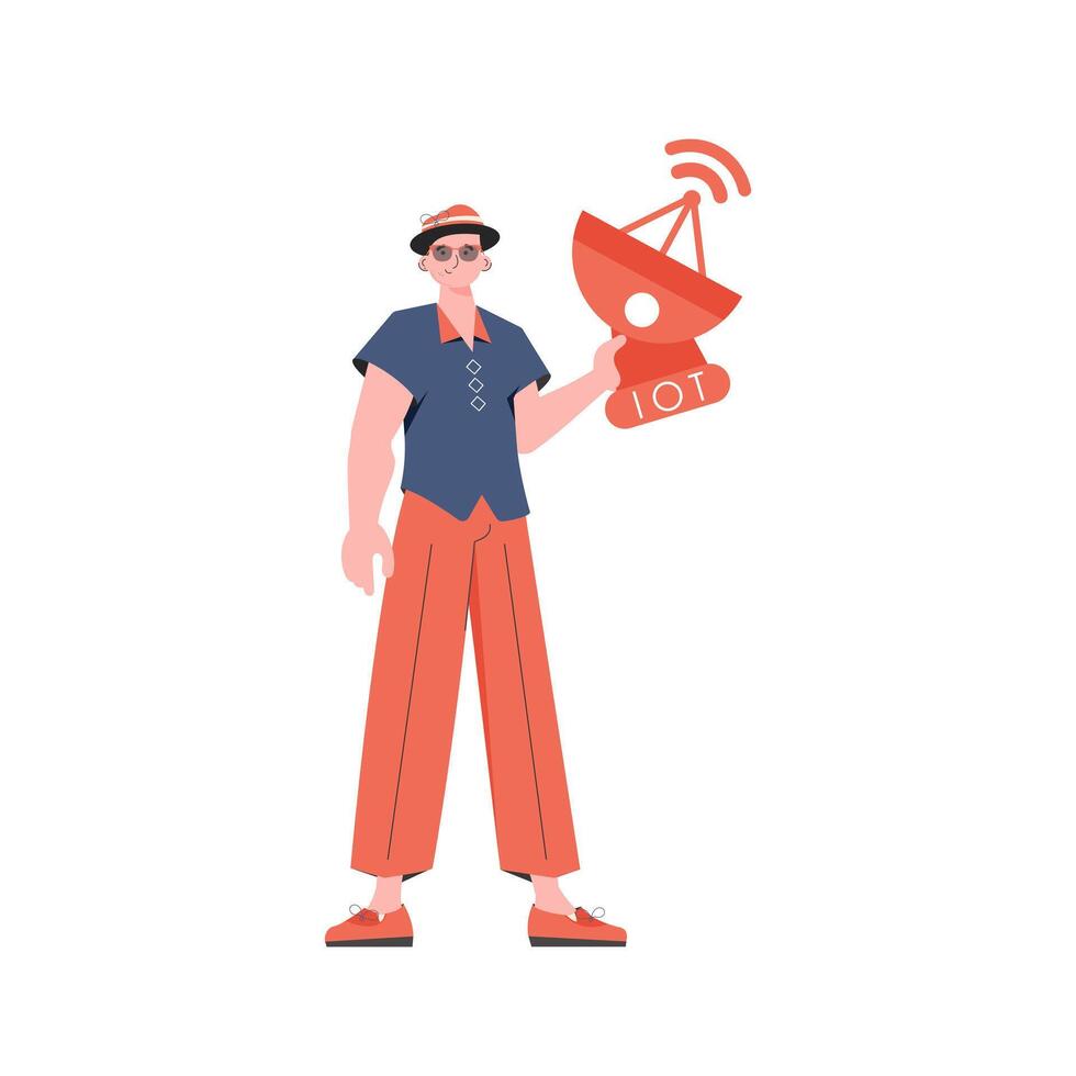 IoT concept. The guy is holding a satellite dish in his hands. Isolated. Vector illustration in flat style.