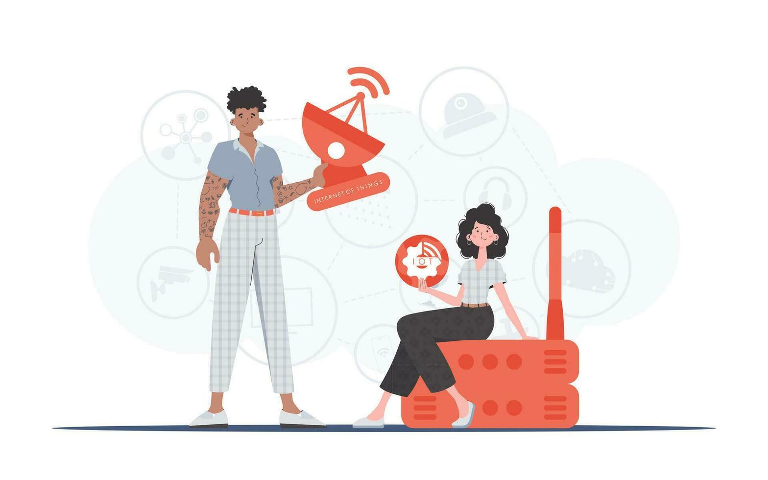 IoT concept. The girl and the guy are a team in the field of Internet of things. Good for presentations and websites. Trendy flat style. Vector. vector