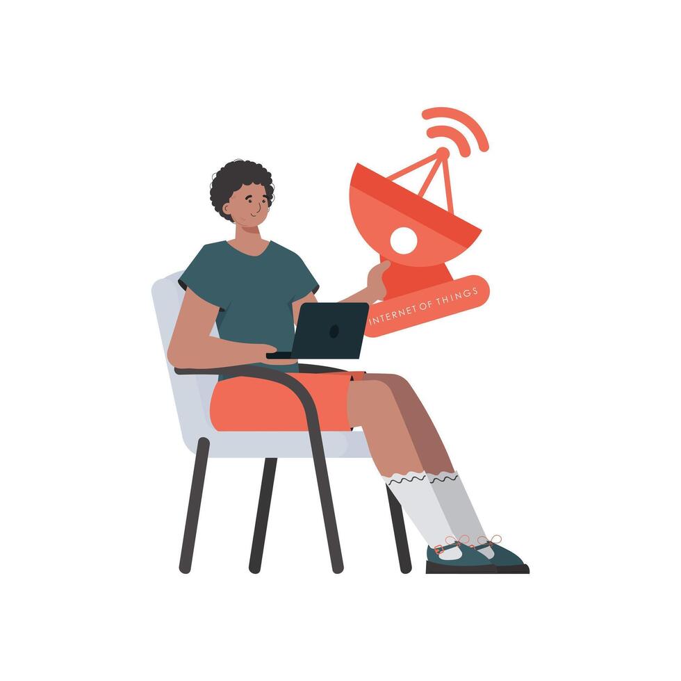 Internet of things and automation concept. The guy is holding a satellite dish in his hands. Isolated. illustration in flat style. vector