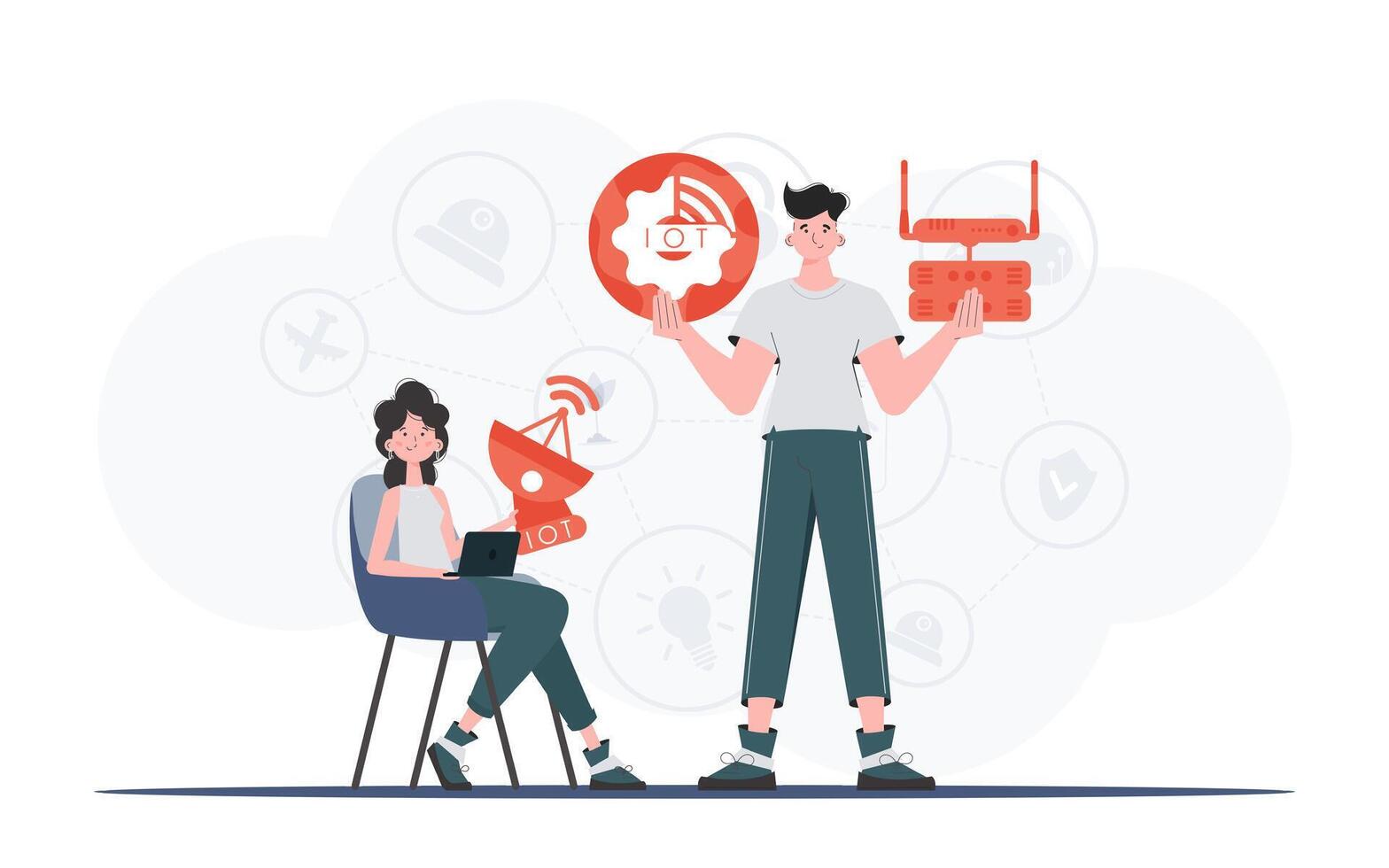 Internet of things and automation concept. The girl and the guy are a team in the field of Internet of things. Good for presentations and websites. Vector illustration in trendy flat style.